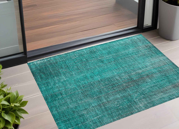 2' X 3' Teal Striped Washable Non Skid Indoor Outdoor Area Rug