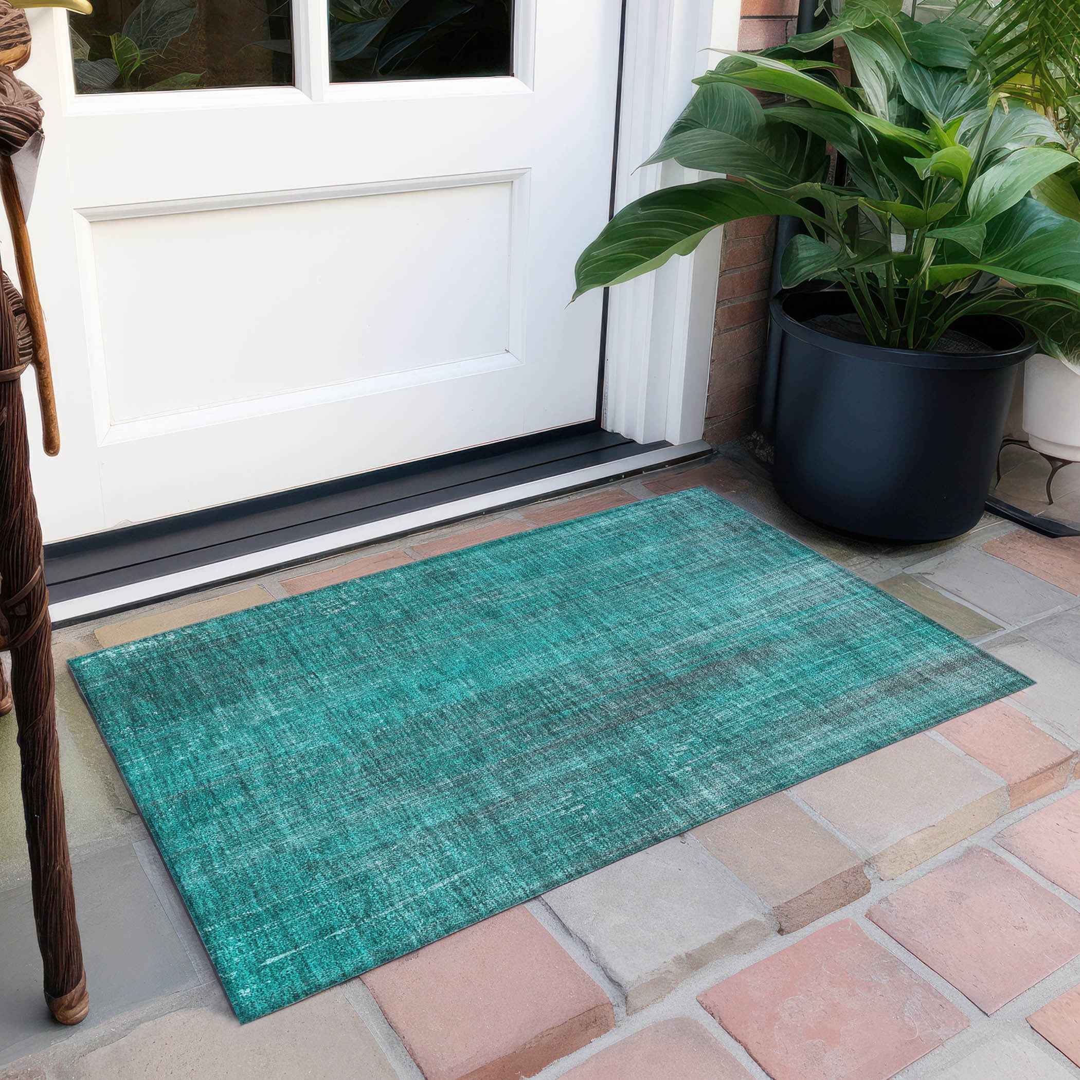 2' X 3' Teal Striped Washable Non Skid Indoor Outdoor Area Rug