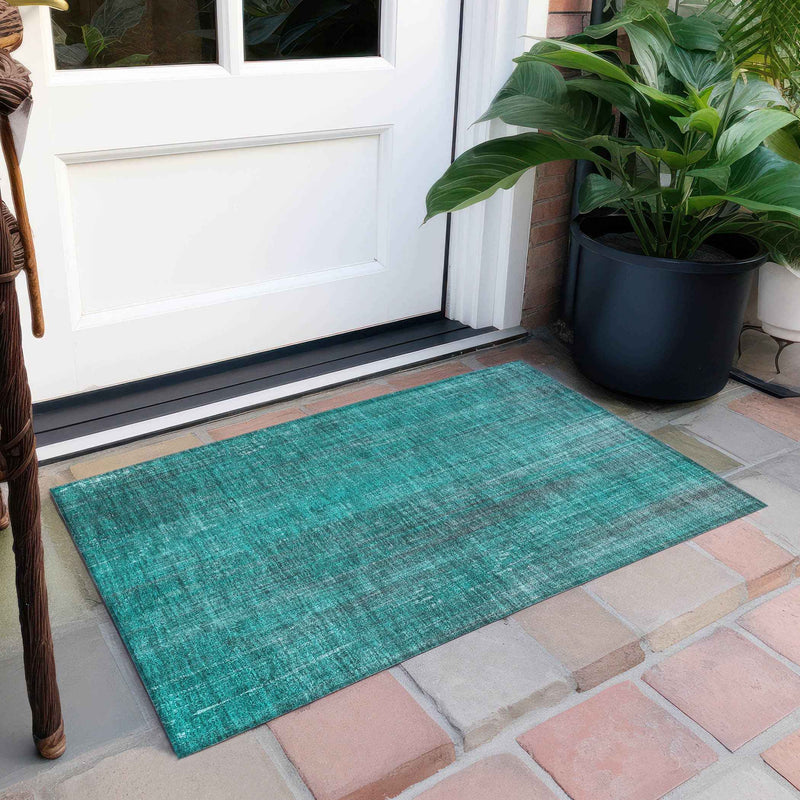 2' X 3' Teal Striped Washable Non Skid Indoor Outdoor Area Rug