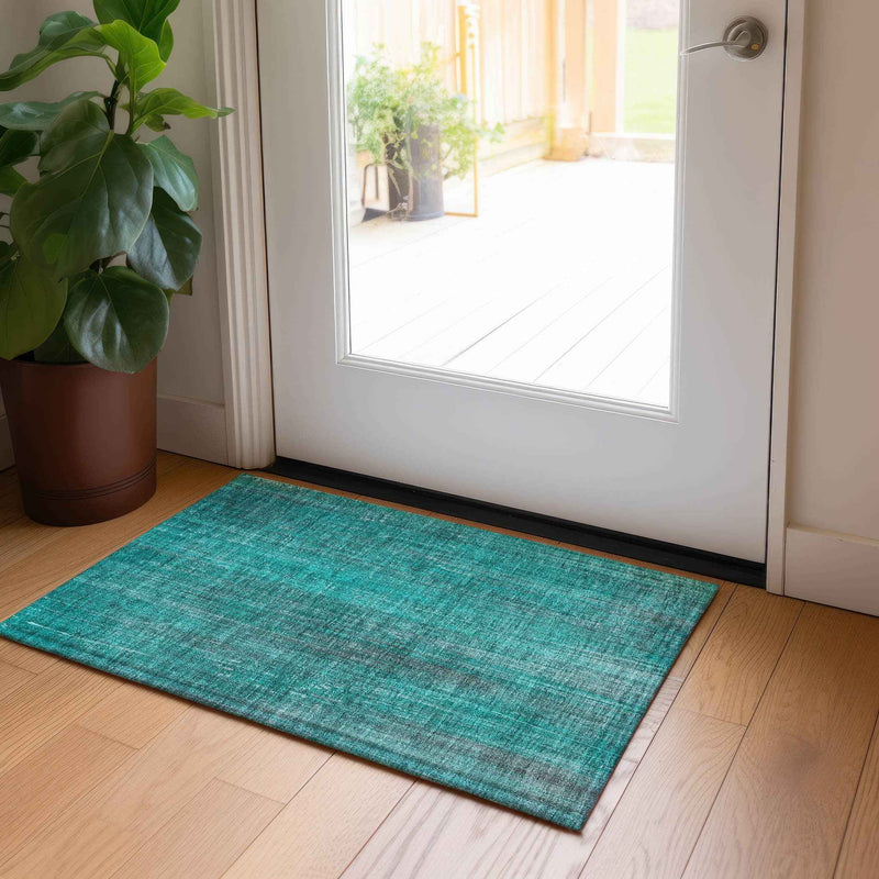 2' X 3' Teal Striped Washable Non Skid Indoor Outdoor Area Rug