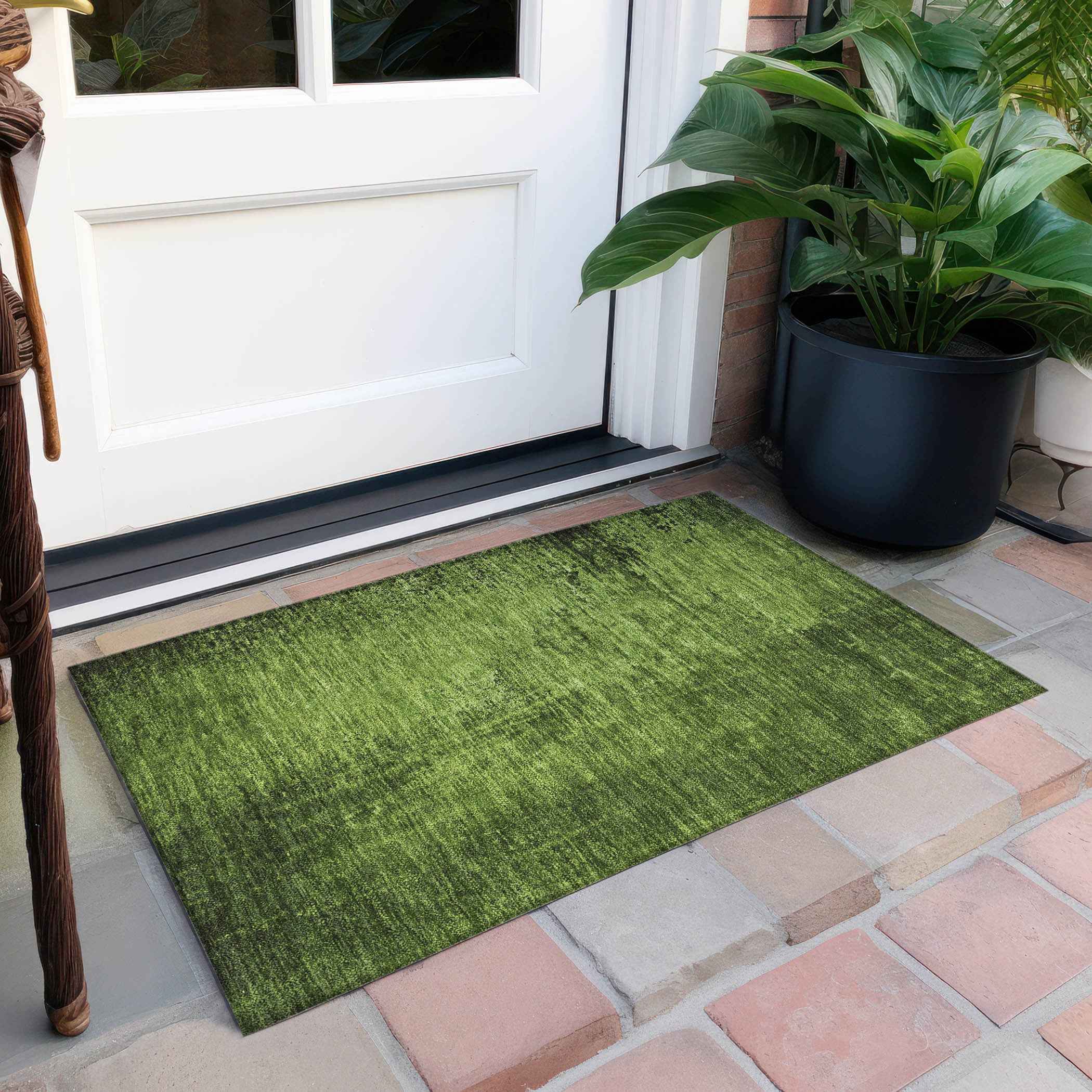 2' X 3' Green Abstract Washable Non Skid Indoor Outdoor Area Rug