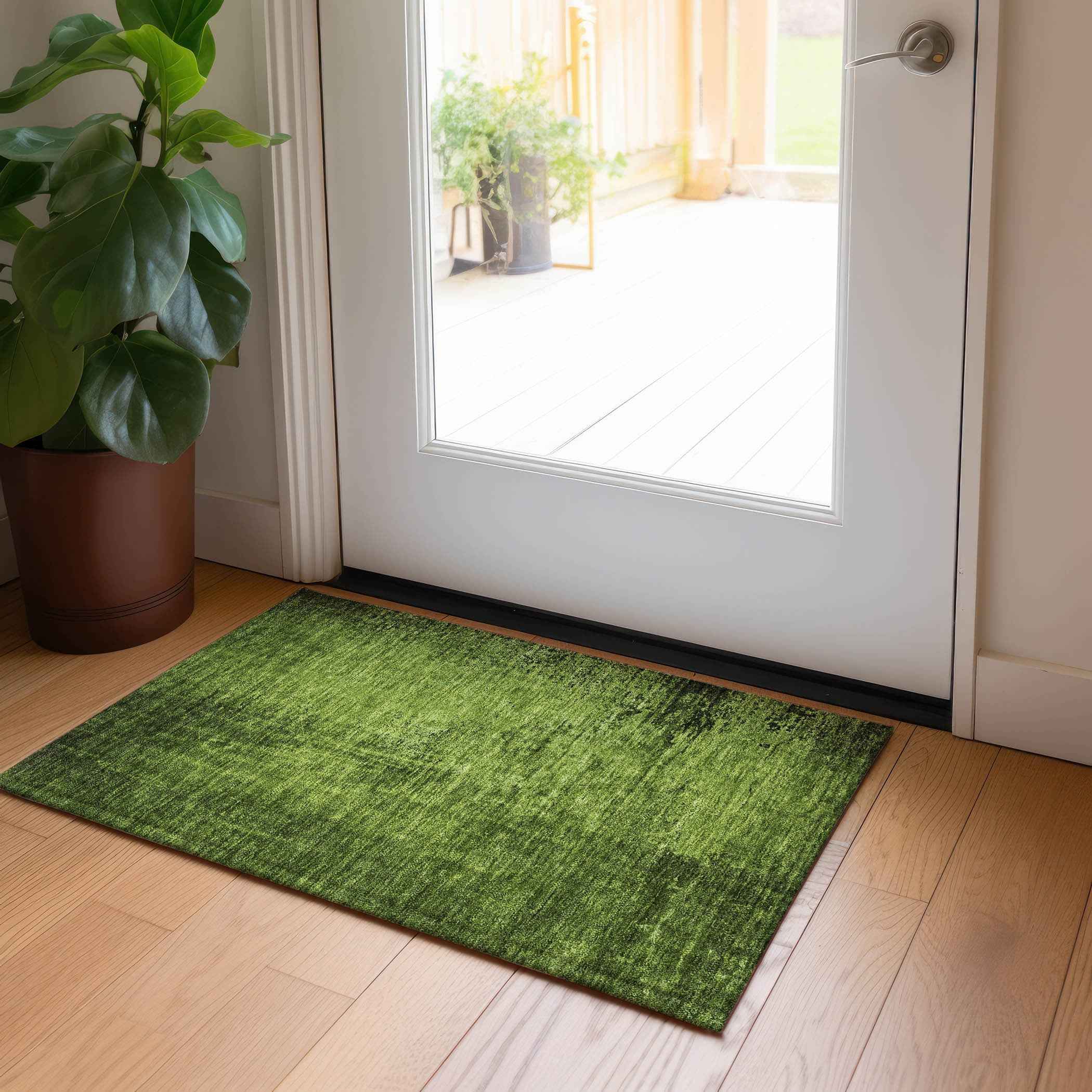 2' X 3' Green Abstract Washable Non Skid Indoor Outdoor Area Rug
