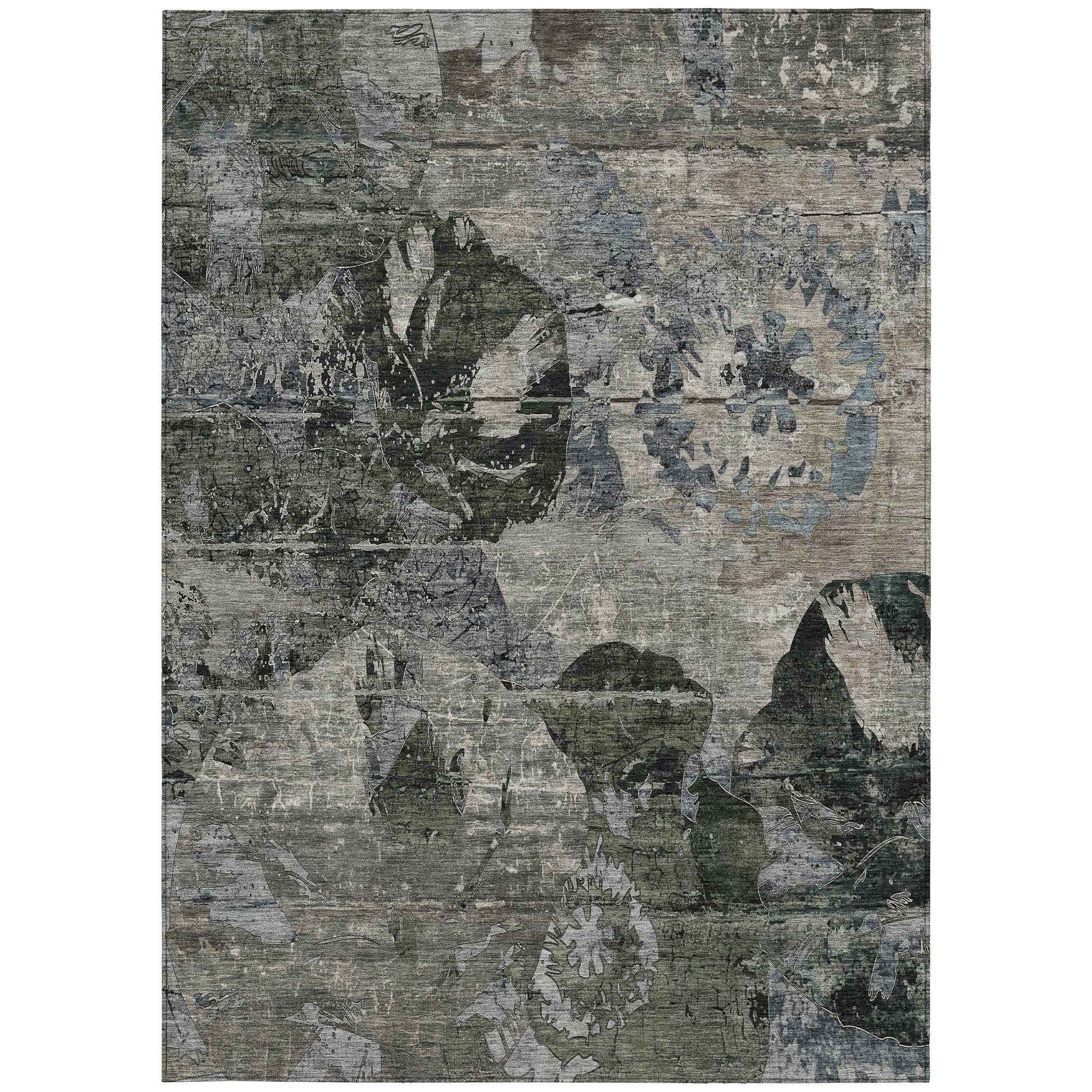 3' X 5' Gray Dark Green and Black Floral Washable Non Skid Indoor Outdoor Area Rug