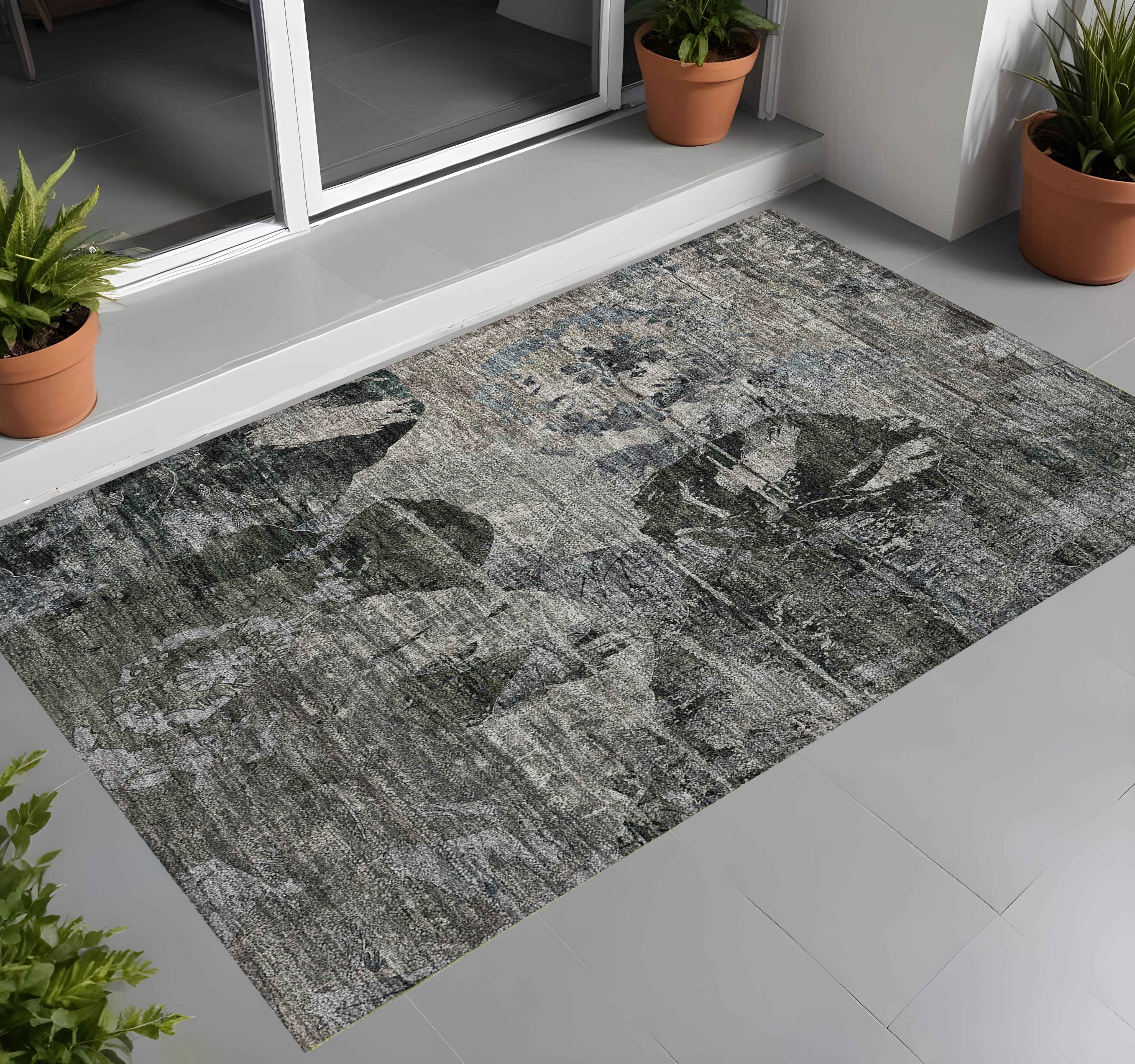 3' X 5' Gray Dark Green and Black Floral Washable Non Skid Indoor Outdoor Area Rug