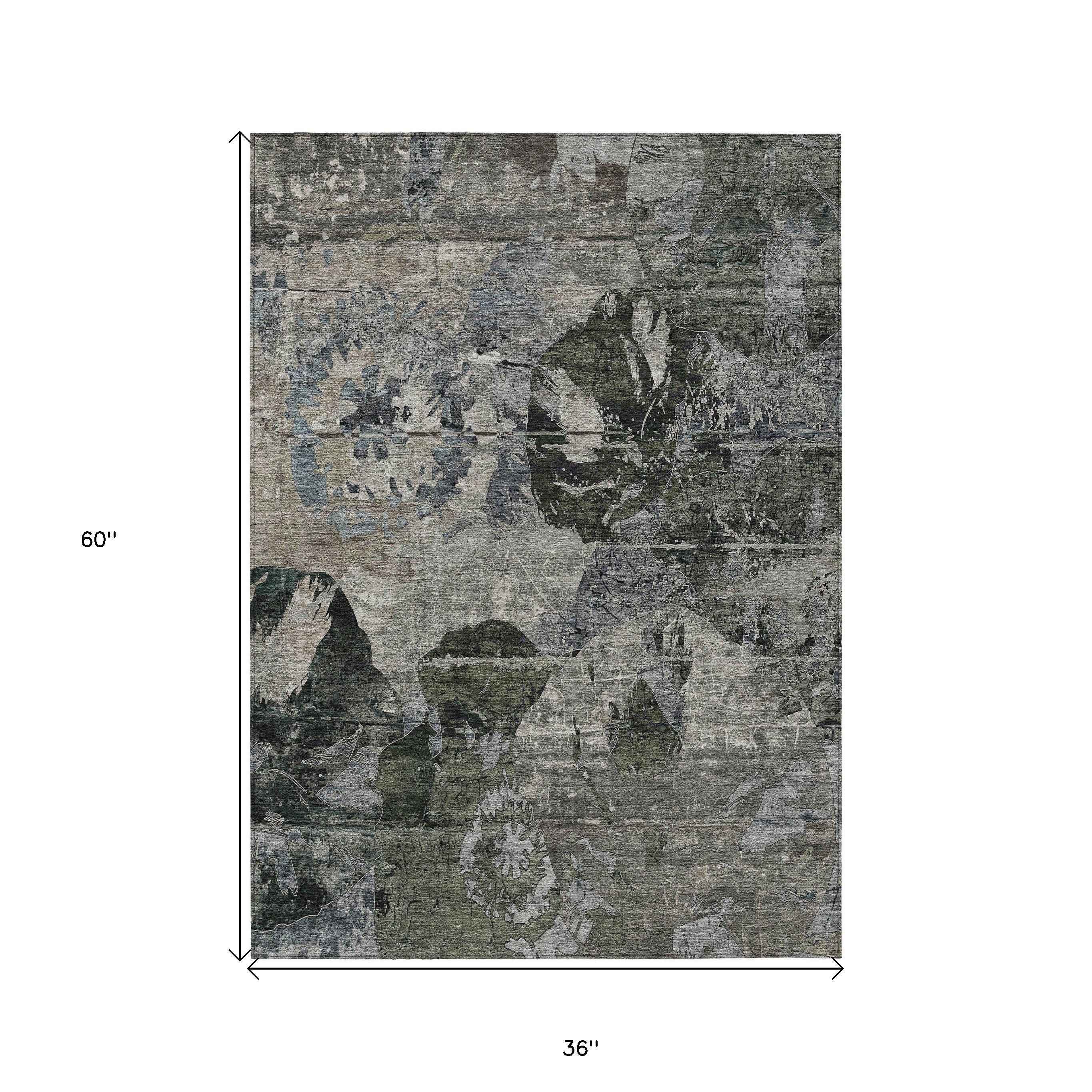 3' X 5' Gray Dark Green and Black Floral Washable Non Skid Indoor Outdoor Area Rug