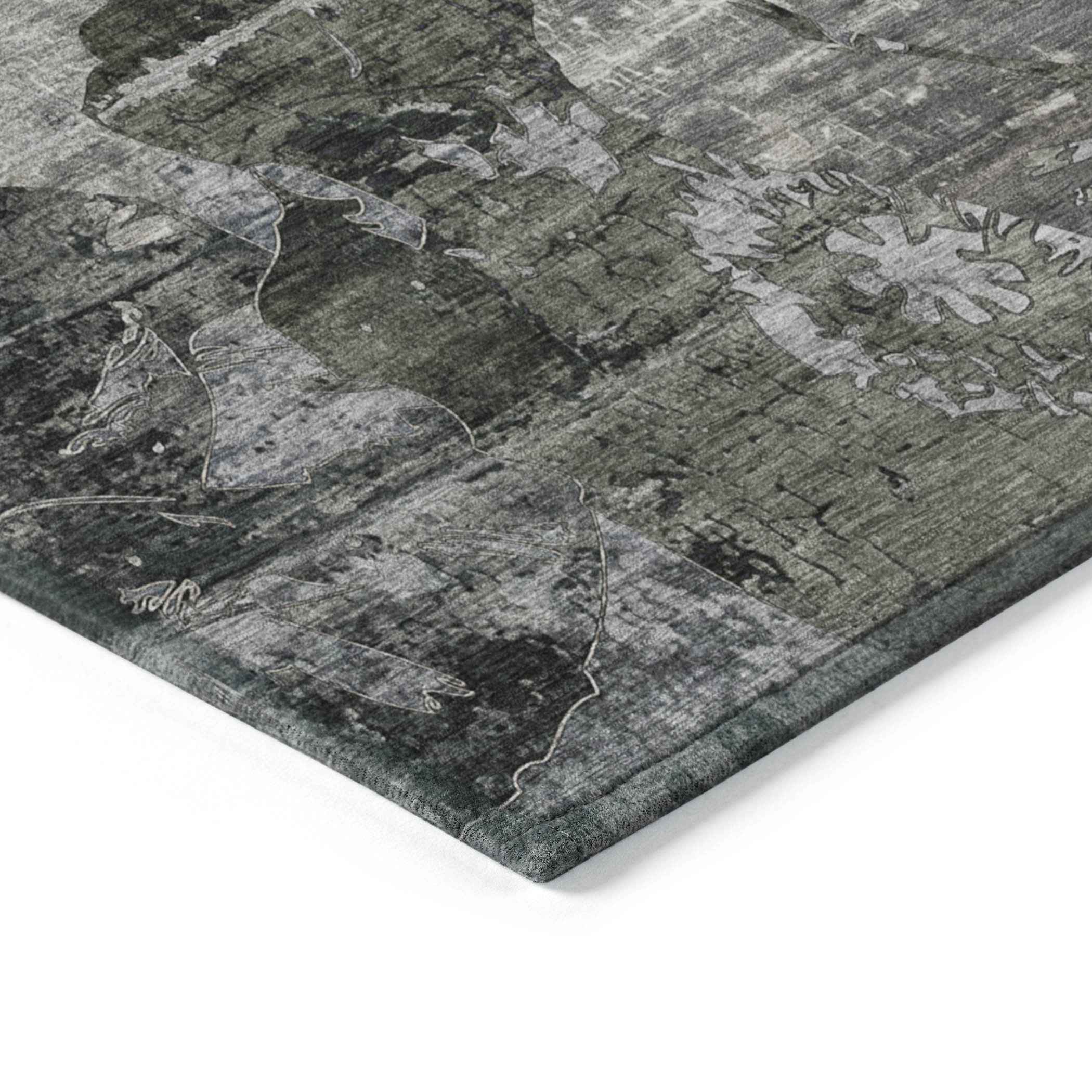 3' X 5' Gray Dark Green and Black Floral Washable Non Skid Indoor Outdoor Area Rug