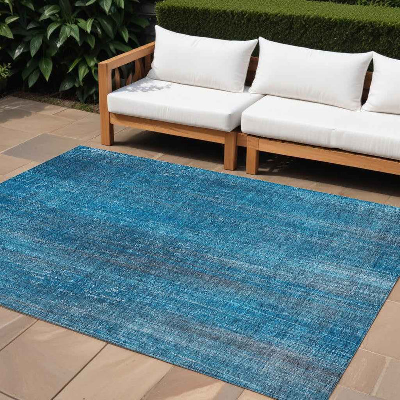 9' X 12' Blue Striped Washable Non Skid Indoor Outdoor Area Rug
