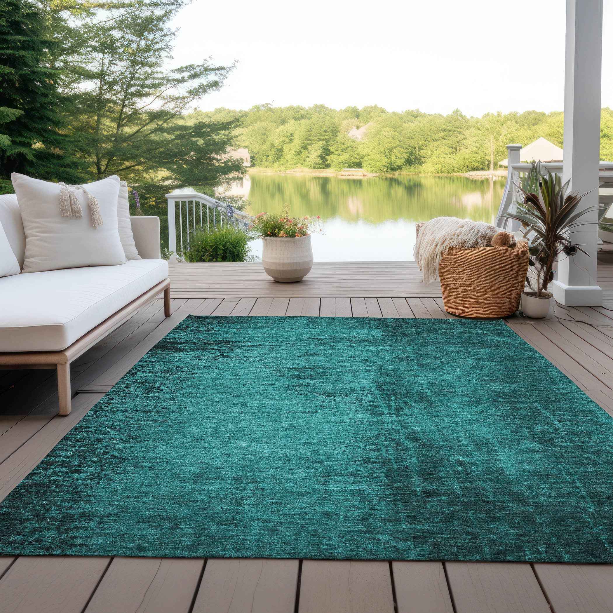 9' X 12' Teal Abstract Washable Non Skid Indoor Outdoor Area Rug