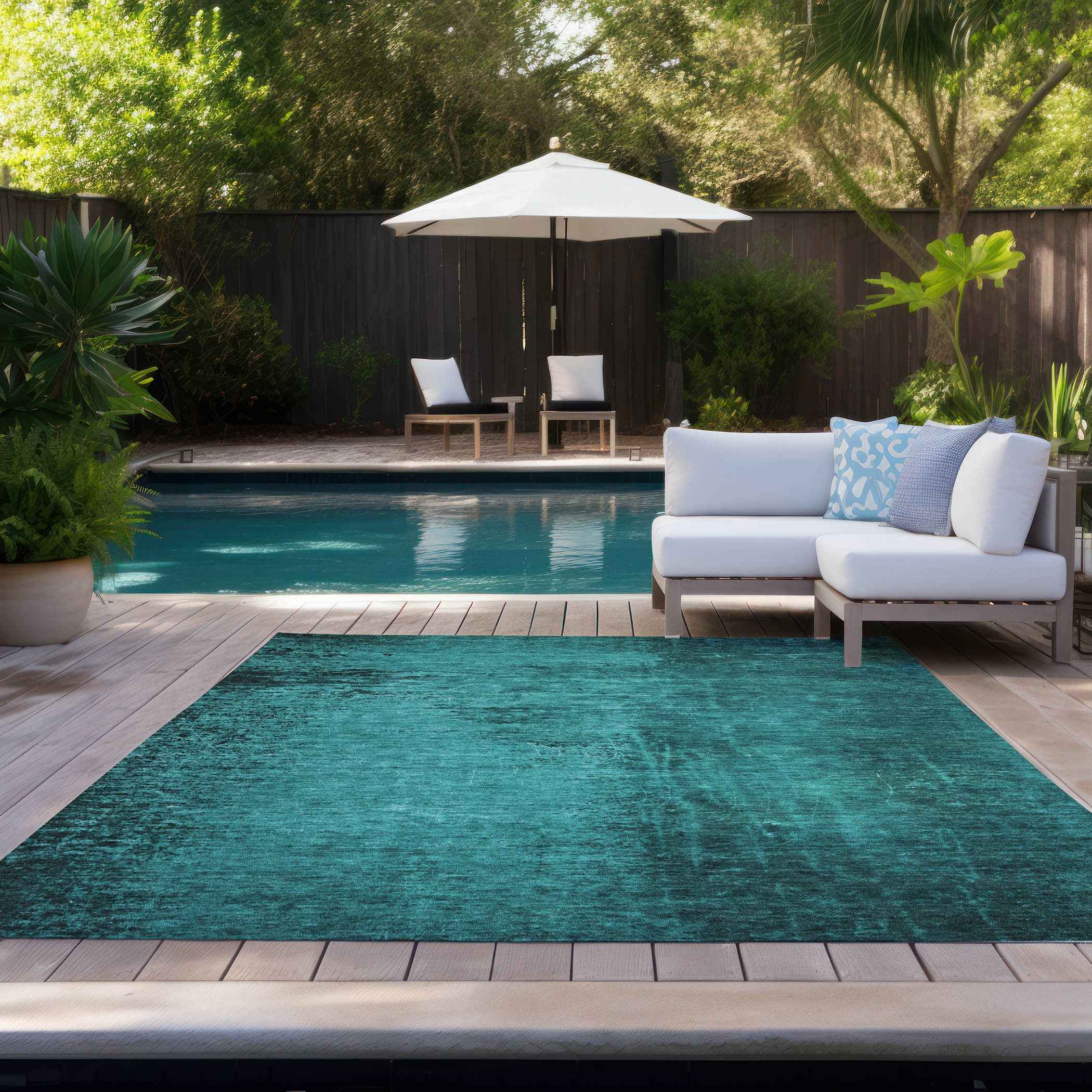 9' X 12' Teal Abstract Washable Non Skid Indoor Outdoor Area Rug