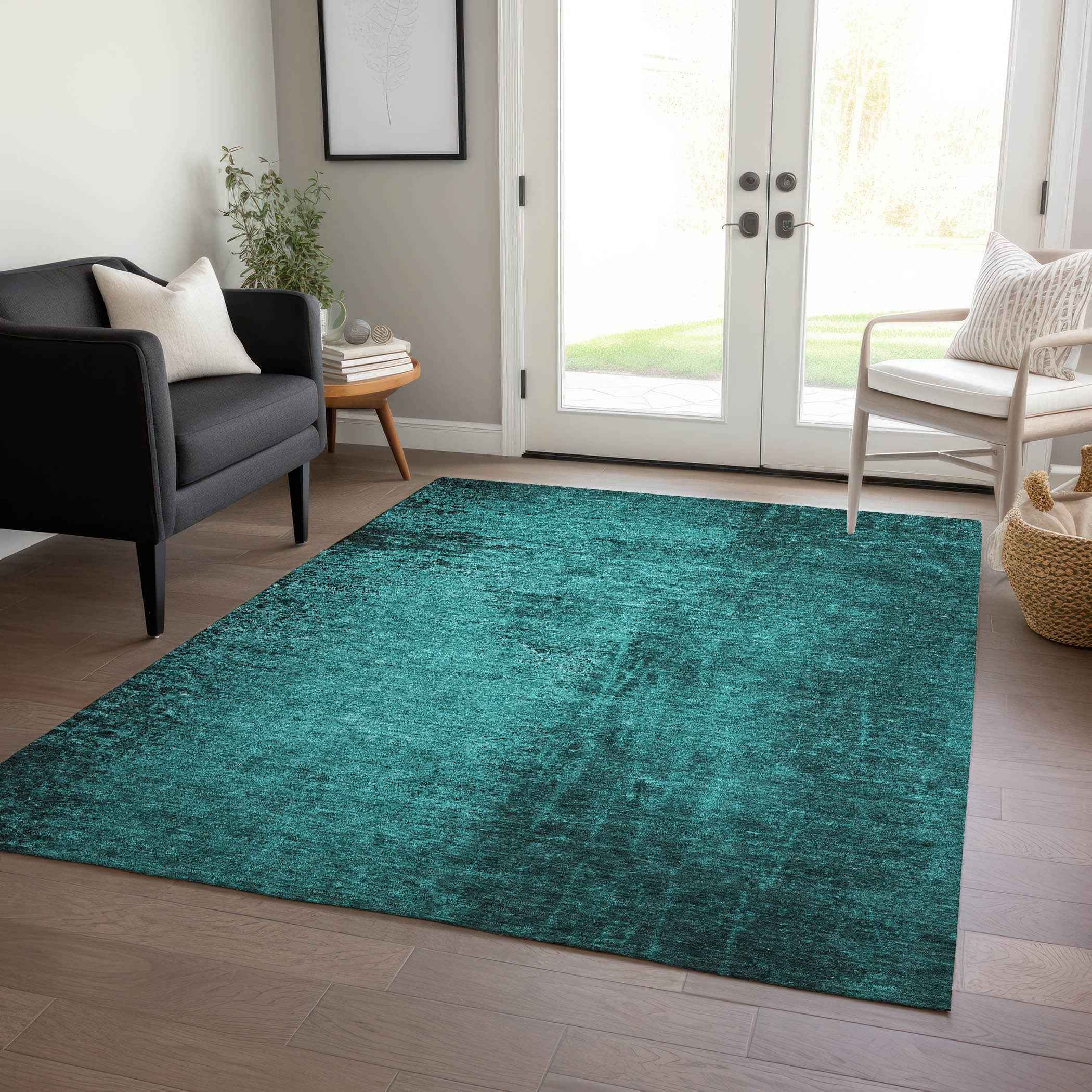 9' X 12' Teal Abstract Washable Non Skid Indoor Outdoor Area Rug