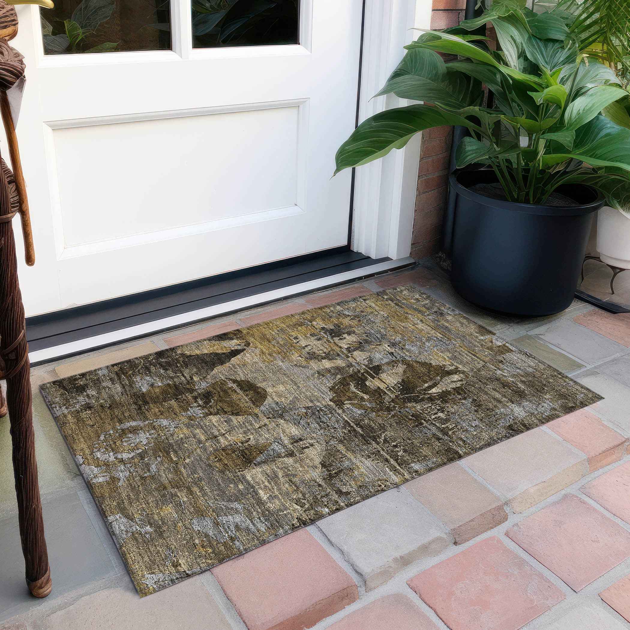 2' X 3' Brown Terracotta and Gray Floral Washable Non Skid Indoor Outdoor Area Rug