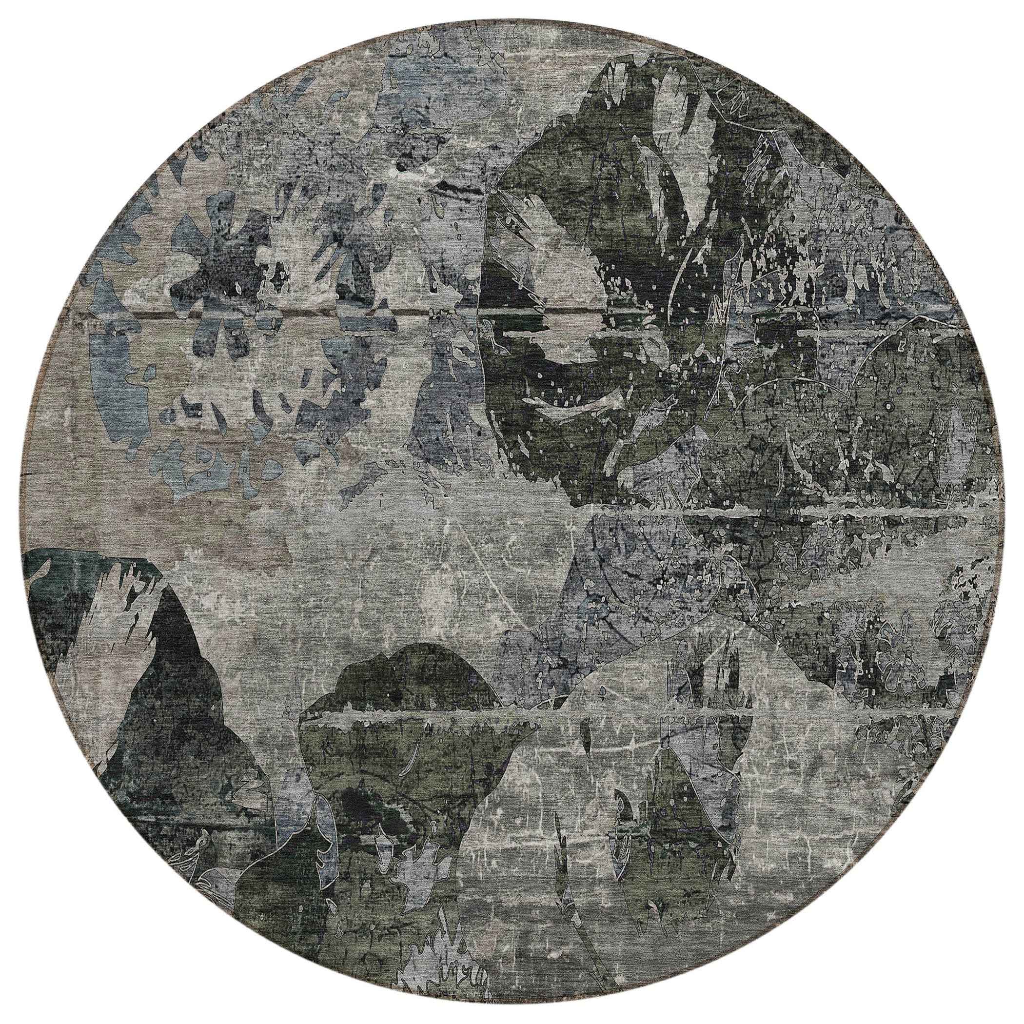 8' Gray Dark Green And Black Round Floral Washable Indoor Outdoor Area Rug