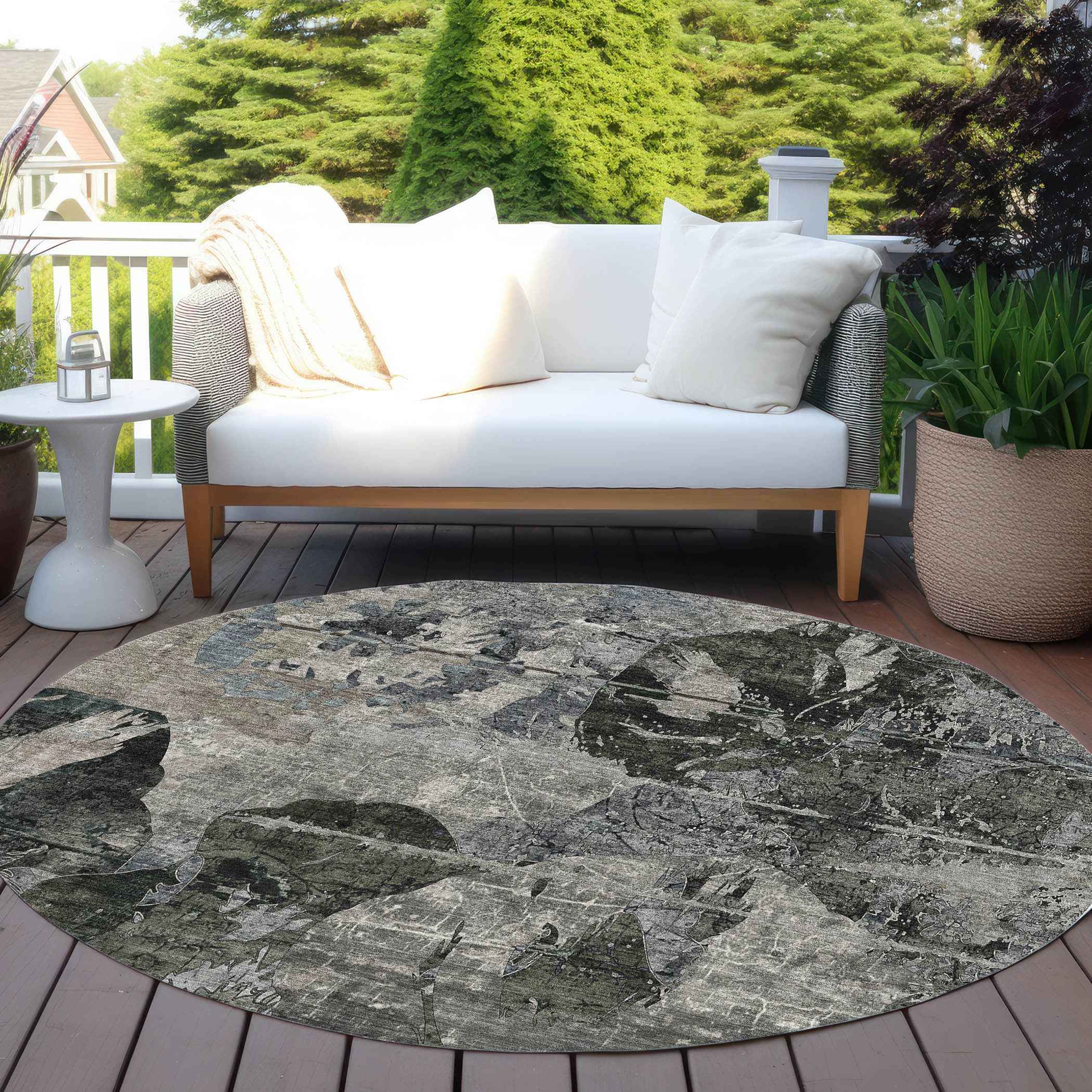 8' Gray Dark Green And Black Round Floral Washable Indoor Outdoor Area Rug
