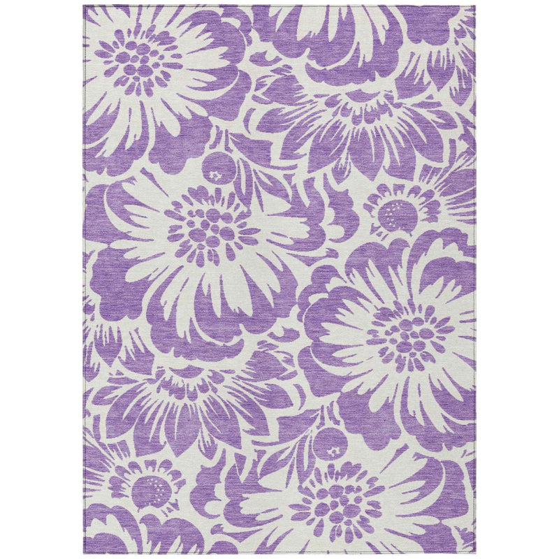 3' X 5' Purple and Ivory Floral Washable Non Skid Indoor Outdoor Area Rug