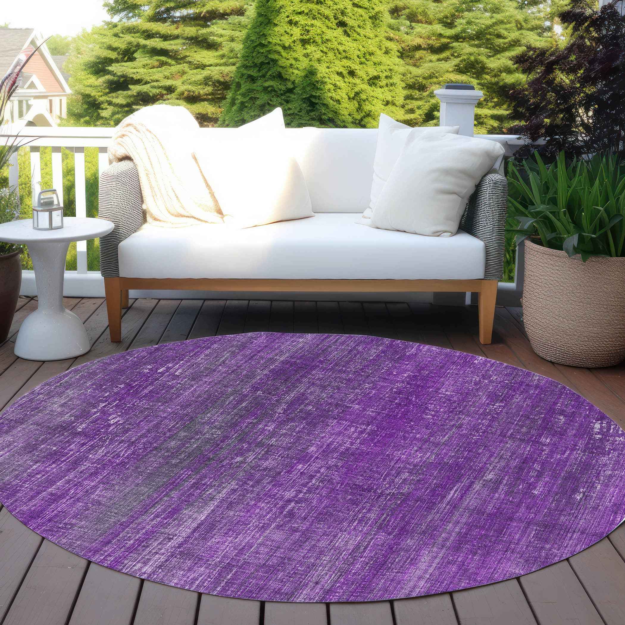 8' Round Purple Round Striped Washable Non Skid Indoor Outdoor Area Rug
