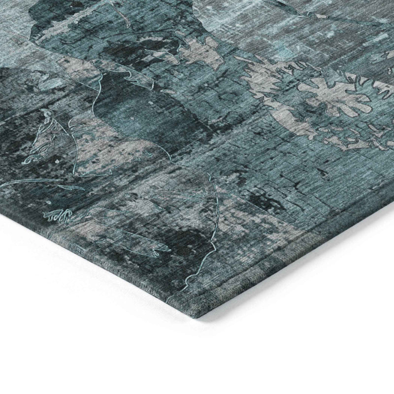 3' X 5' Teal and Gray Floral Washable Non Skid Indoor Outdoor Area Rug