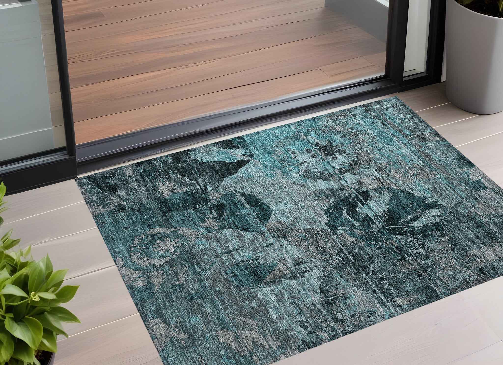 3' X 5' Teal and Gray Floral Washable Non Skid Indoor Outdoor Area Rug