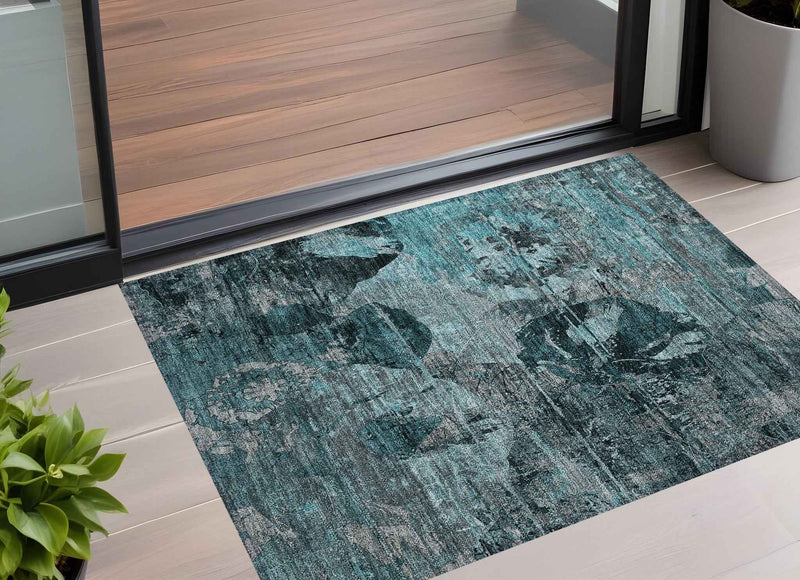 3' X 5' Teal and Gray Floral Washable Non Skid Indoor Outdoor Area Rug