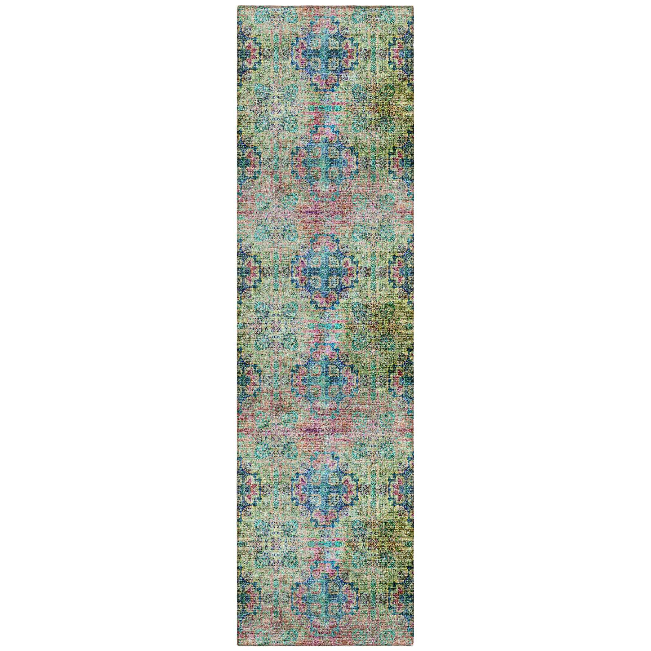 2' X 8' Blue and Green Floral Medallion Washable Non Skid Indoor Outdoor Runner Rug