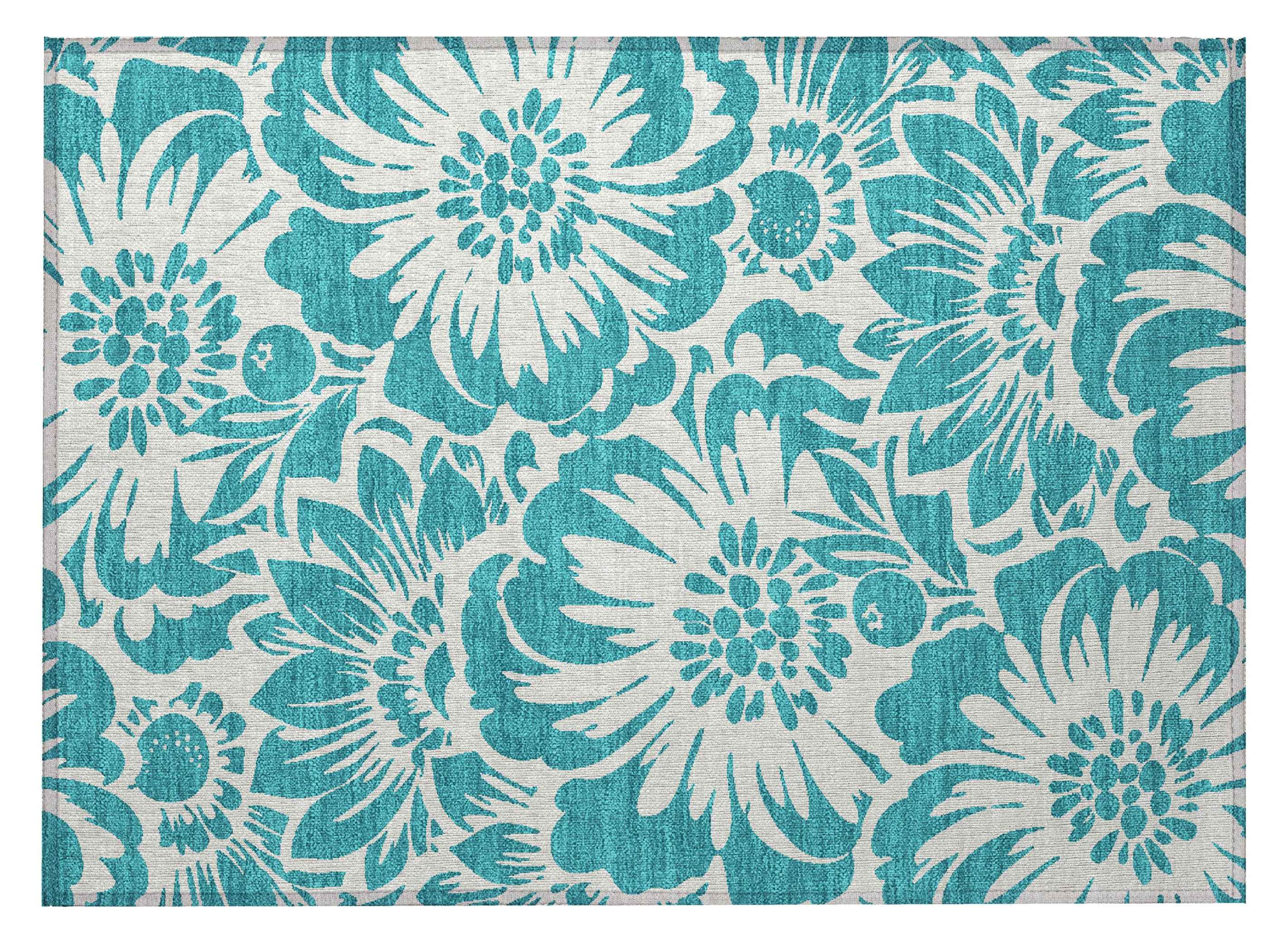 2' X 3' Teal and Ivory Floral Washable Non Skid Indoor Outdoor Area Rug