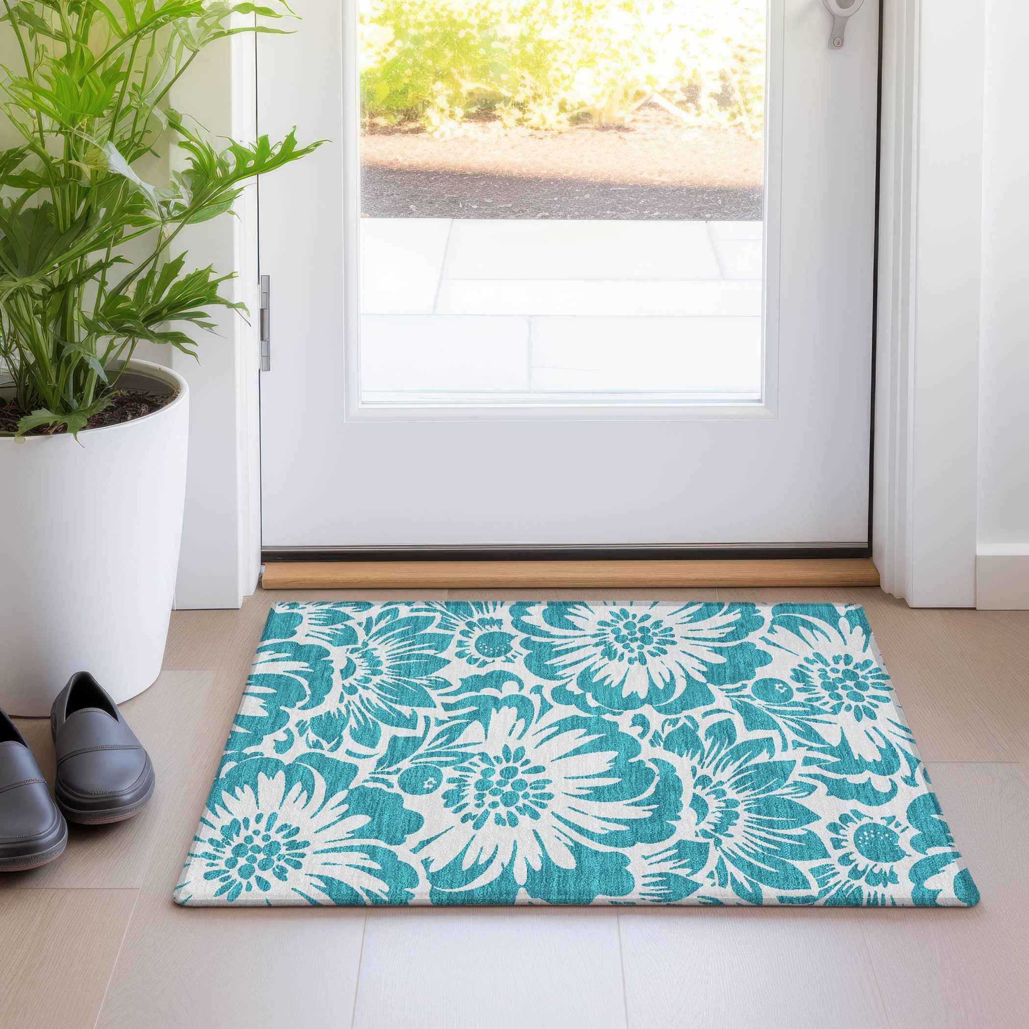 2' X 3' Teal and Ivory Floral Washable Non Skid Indoor Outdoor Area Rug