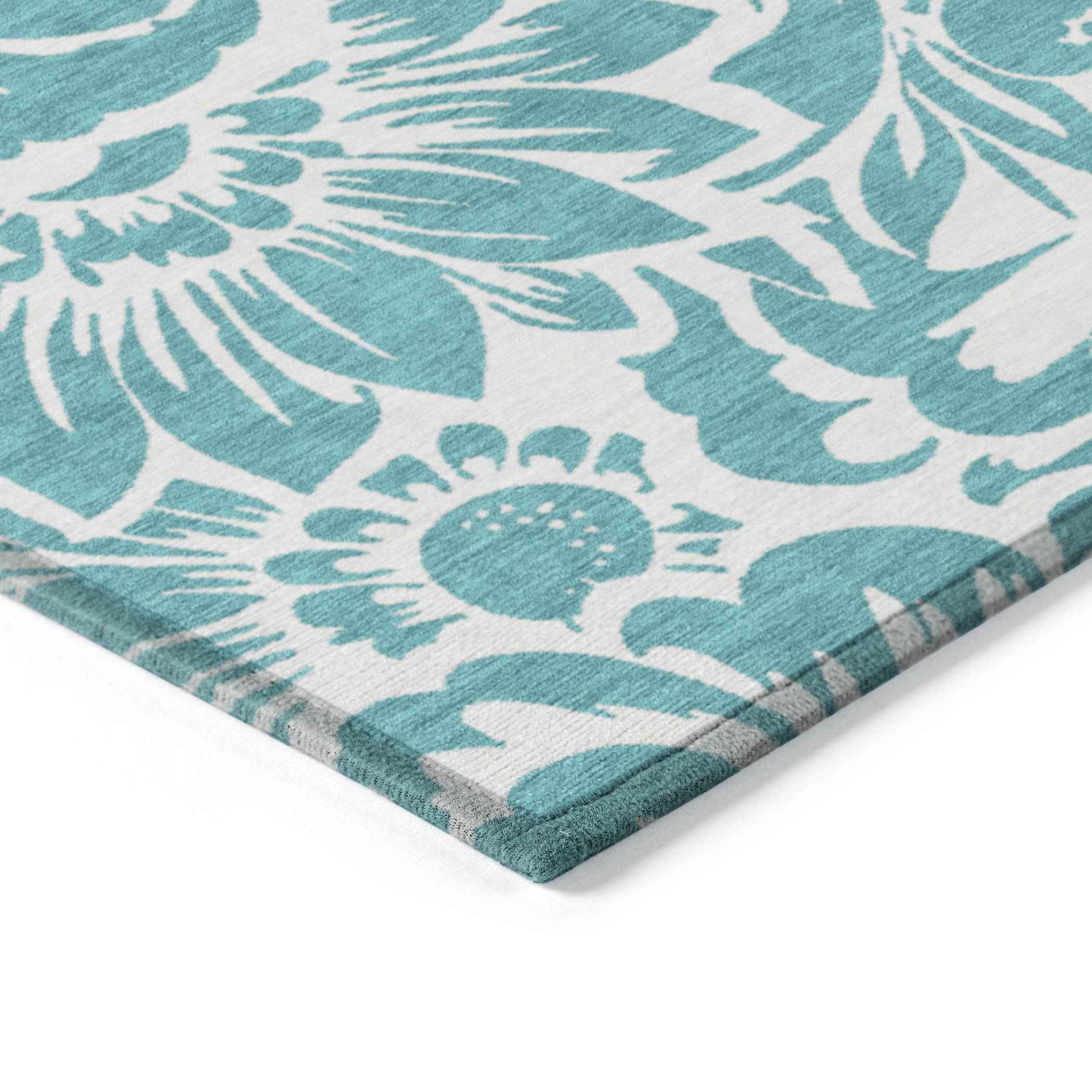 2' X 3' Teal and Ivory Floral Washable Non Skid Indoor Outdoor Area Rug