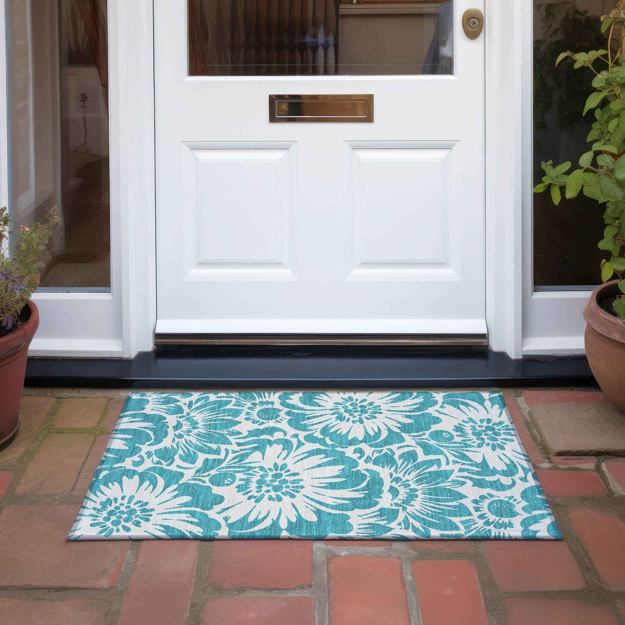 2' X 3' Teal and Ivory Floral Washable Non Skid Indoor Outdoor Area Rug