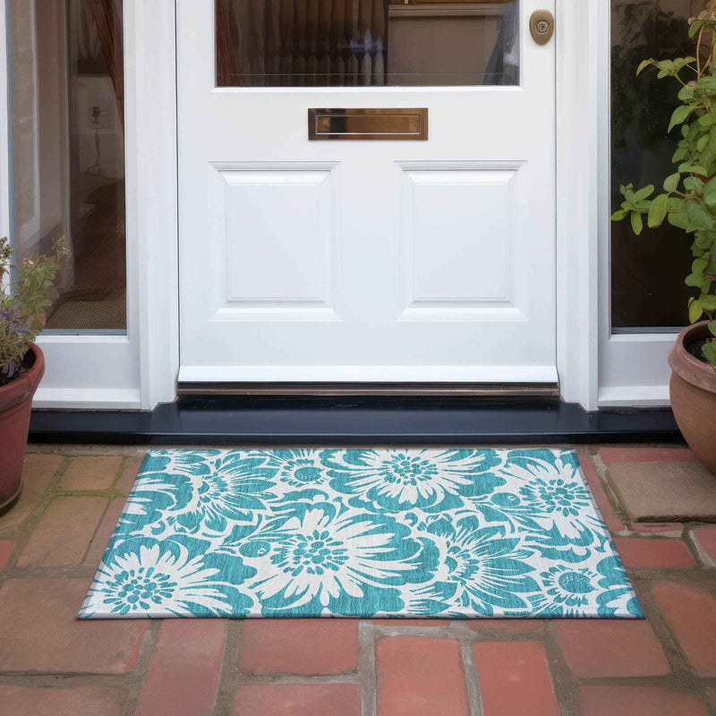 2' X 3' Teal and Ivory Floral Washable Non Skid Indoor Outdoor Area Rug