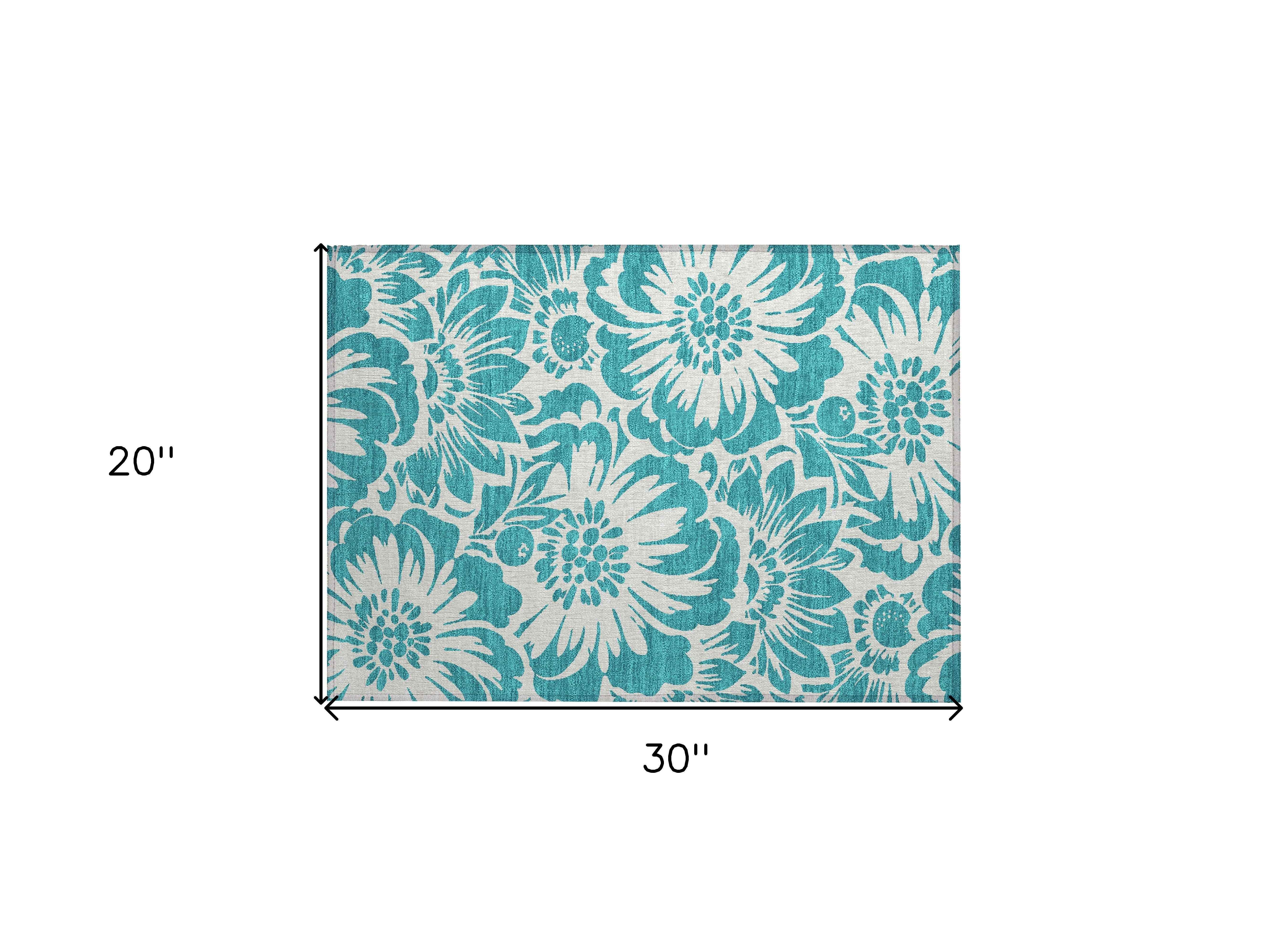 2' X 3' Teal and Ivory Floral Washable Non Skid Indoor Outdoor Area Rug