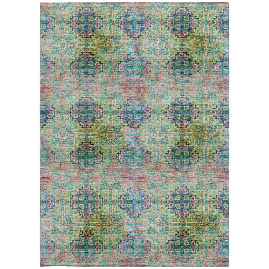 3' X 5' Blue and Green Floral Medallion Washable Non Skid Indoor Outdoor Area Rug