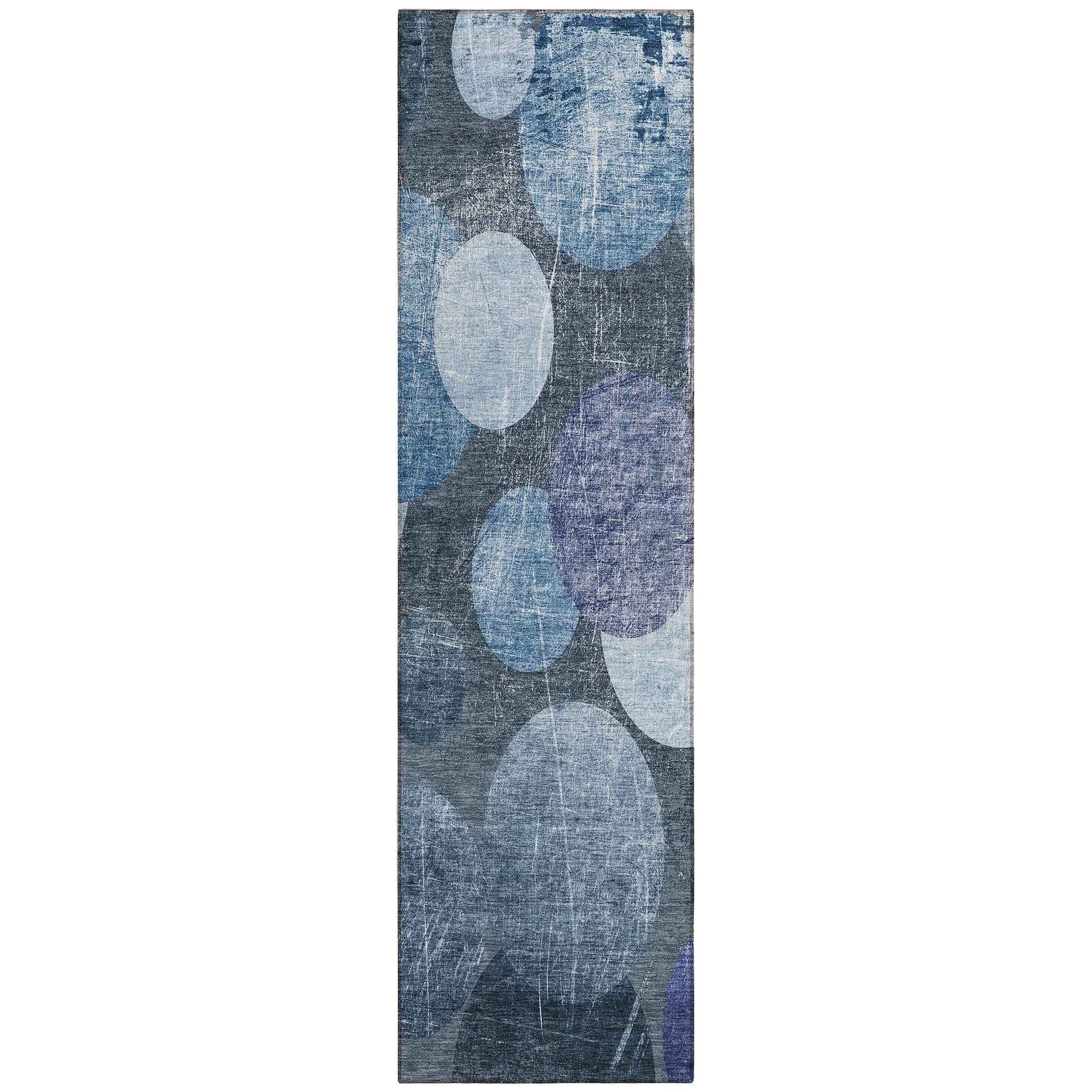 8' Gray And Blue Abstract Washable Indoor Outdoor Runner Rug