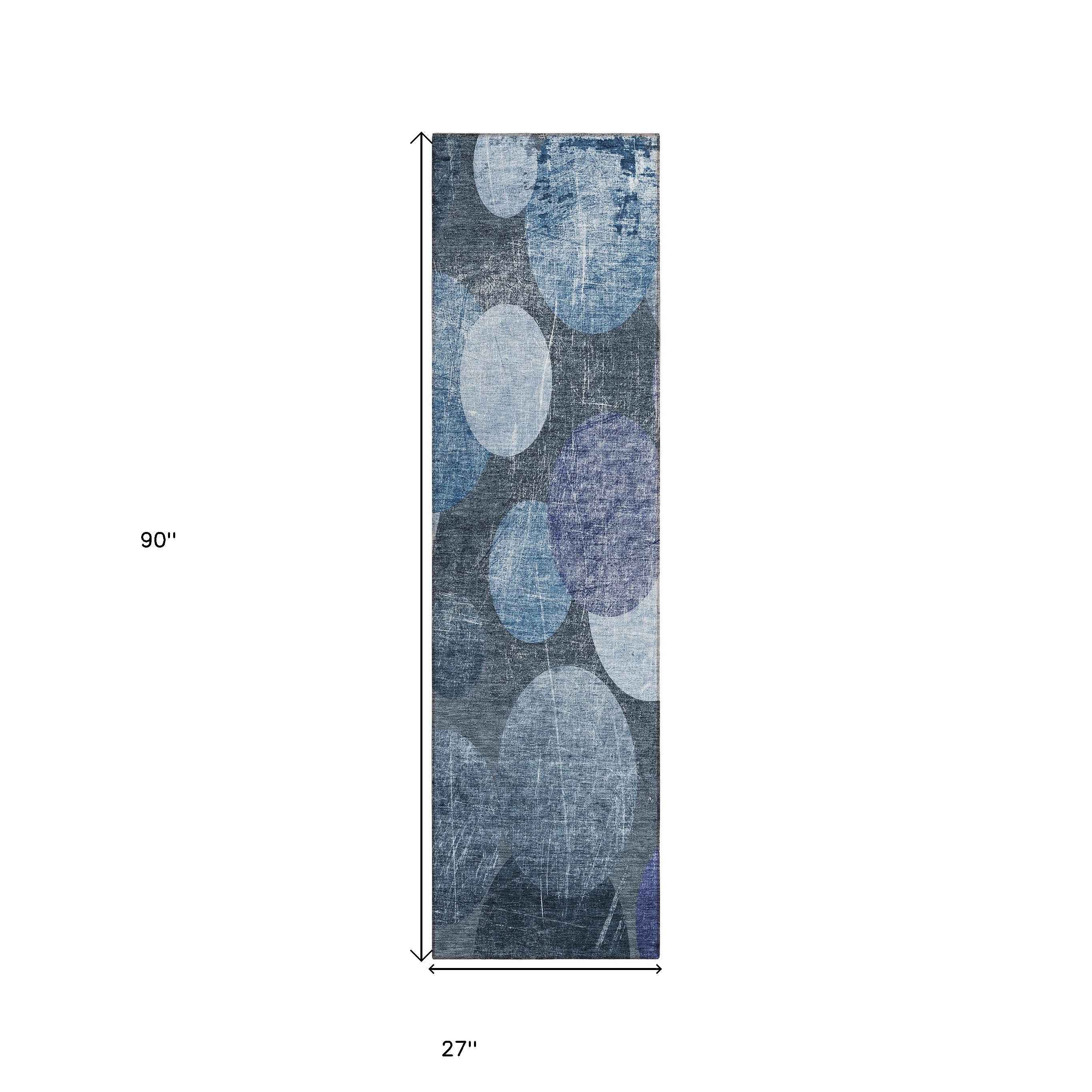 8' Gray And Blue Abstract Washable Indoor Outdoor Runner Rug