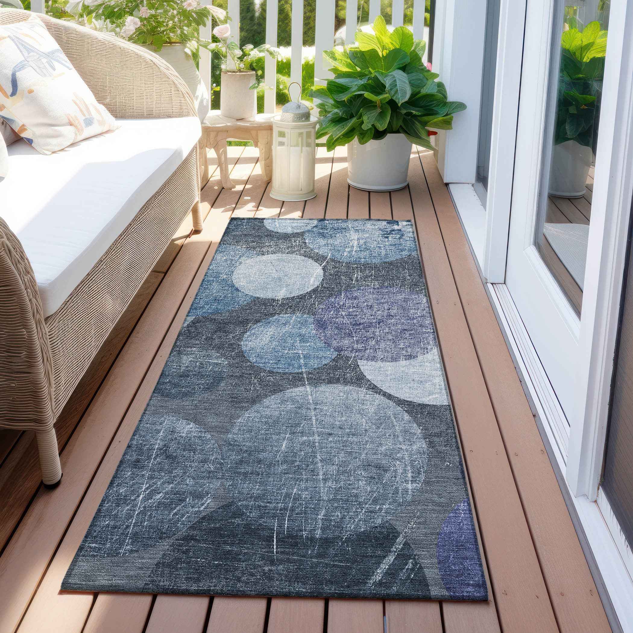 8' Gray And Blue Abstract Washable Indoor Outdoor Runner Rug