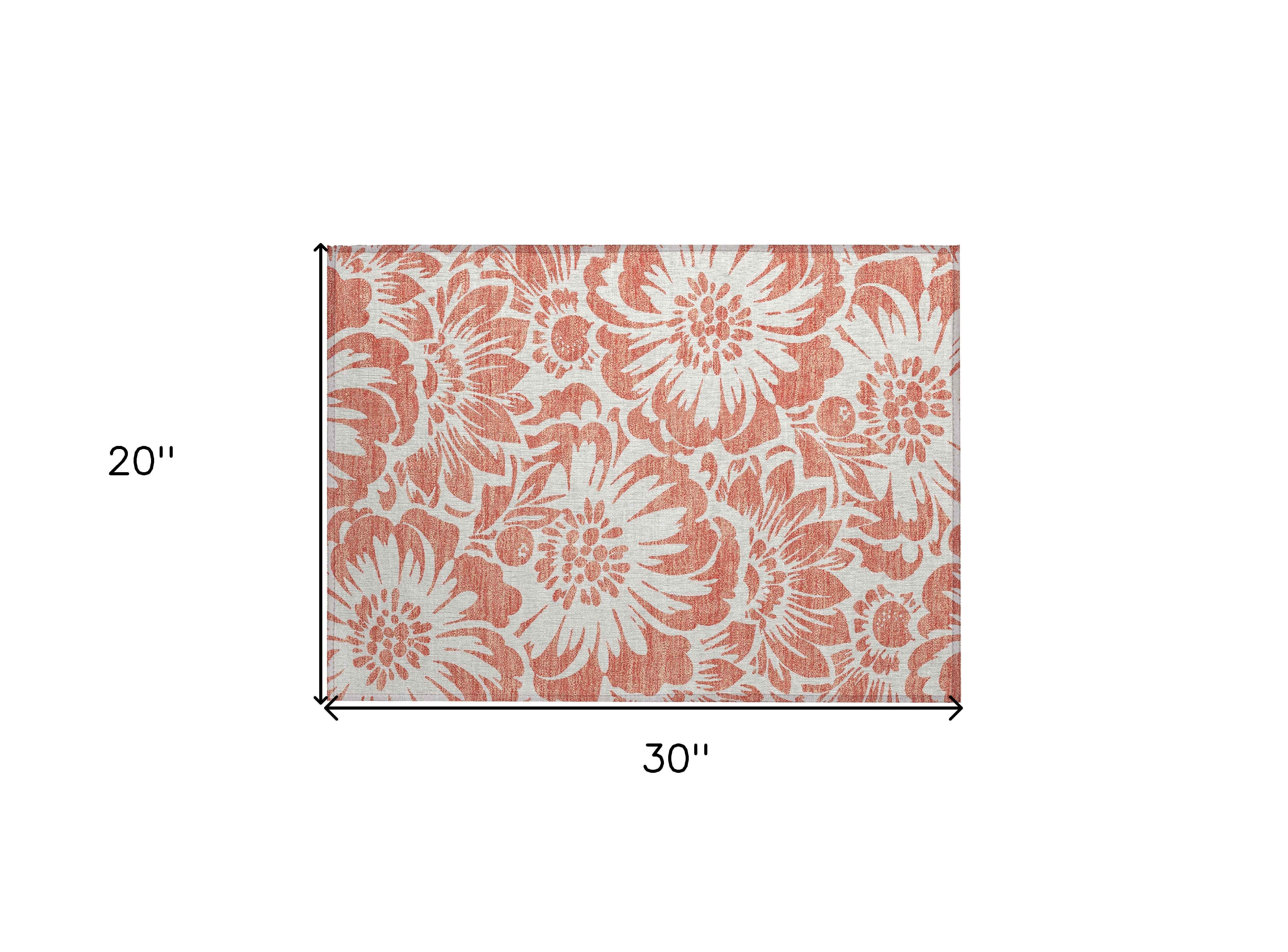 2' X 3' Salmon and Ivory Floral Washable Non Skid Indoor Outdoor Area Rug