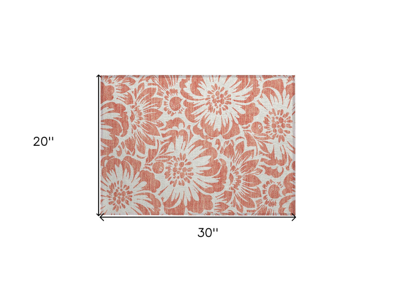 2' X 3' Salmon and Ivory Floral Washable Non Skid Indoor Outdoor Area Rug