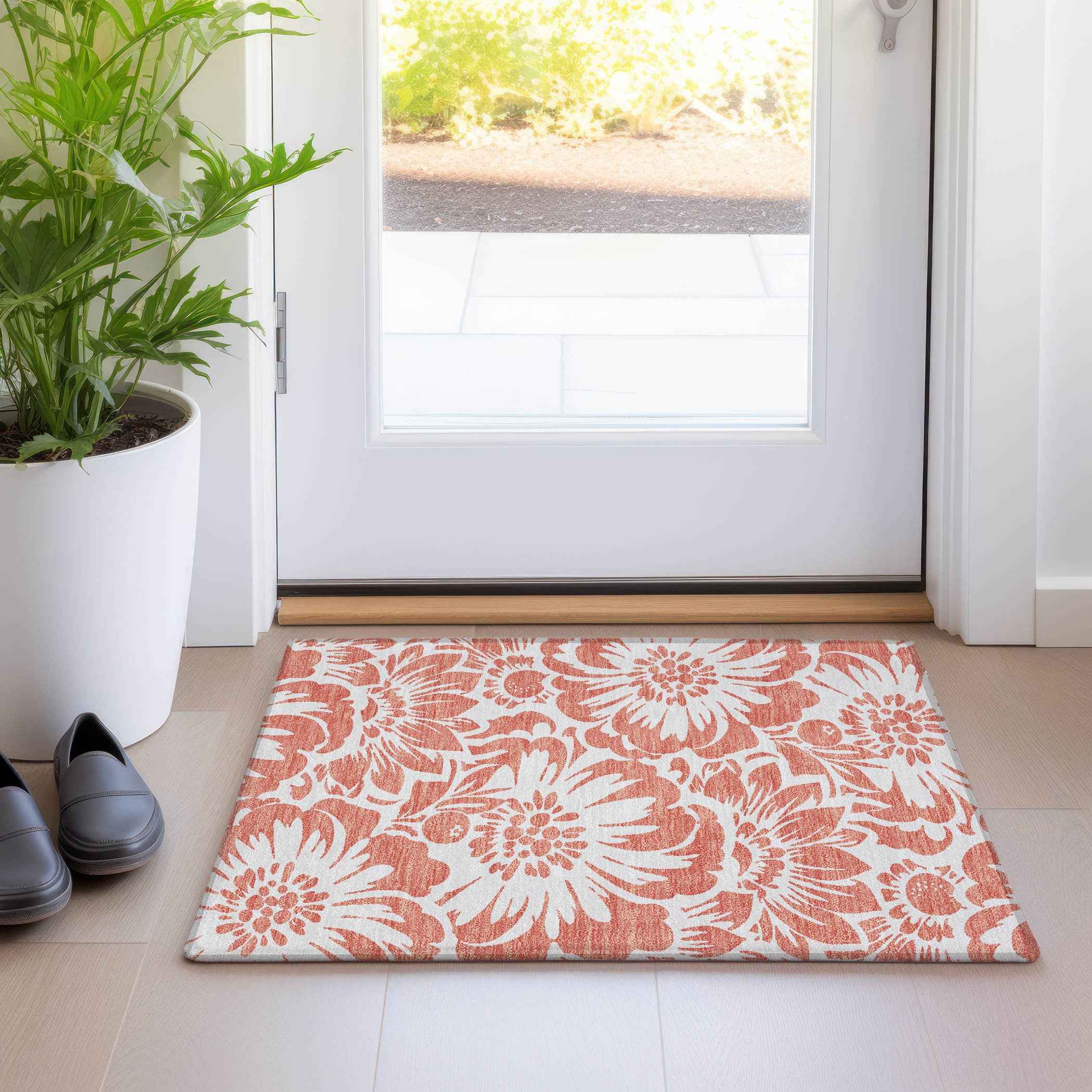 2' X 3' Salmon and Ivory Floral Washable Non Skid Indoor Outdoor Area Rug