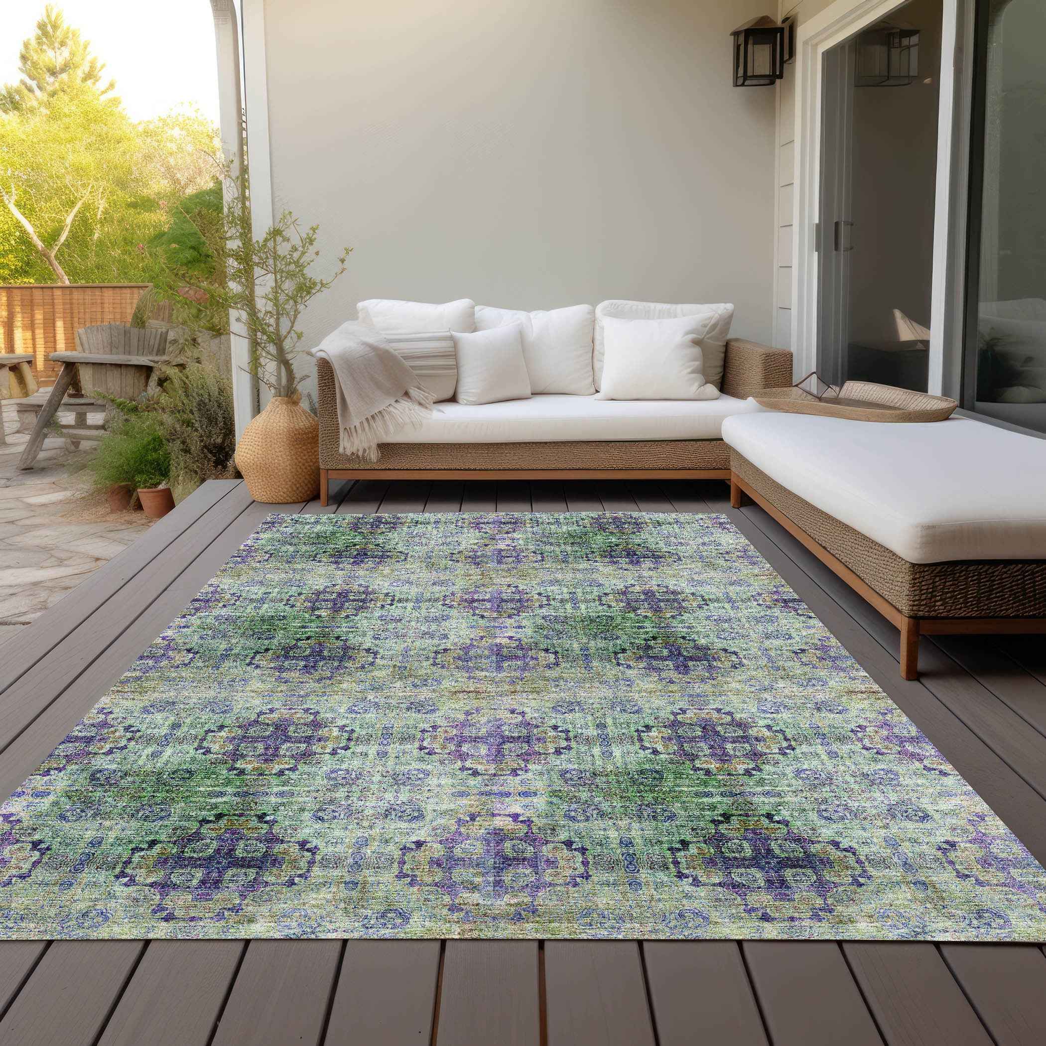 10' X 14' Purple and Green Floral Medallion Washable Non Skid Indoor Outdoor Area Rug