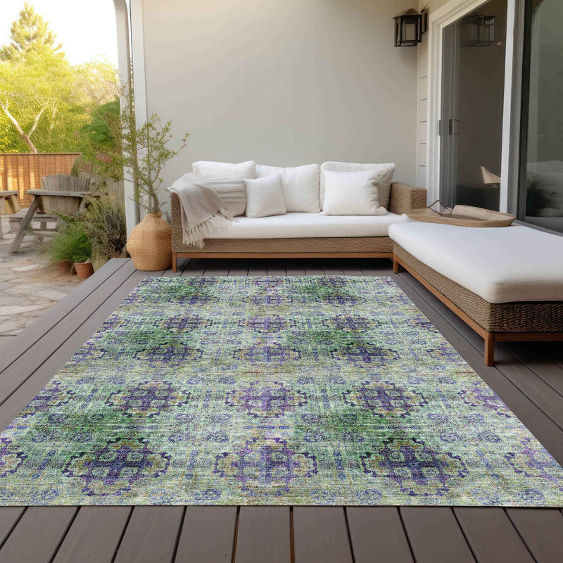 10' X 14' Purple and Green Floral Medallion Washable Non Skid Indoor Outdoor Area Rug