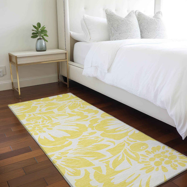 2' X 8' Yellow and Ivory Floral Washable Non Skid Indoor Outdoor Runner Rug