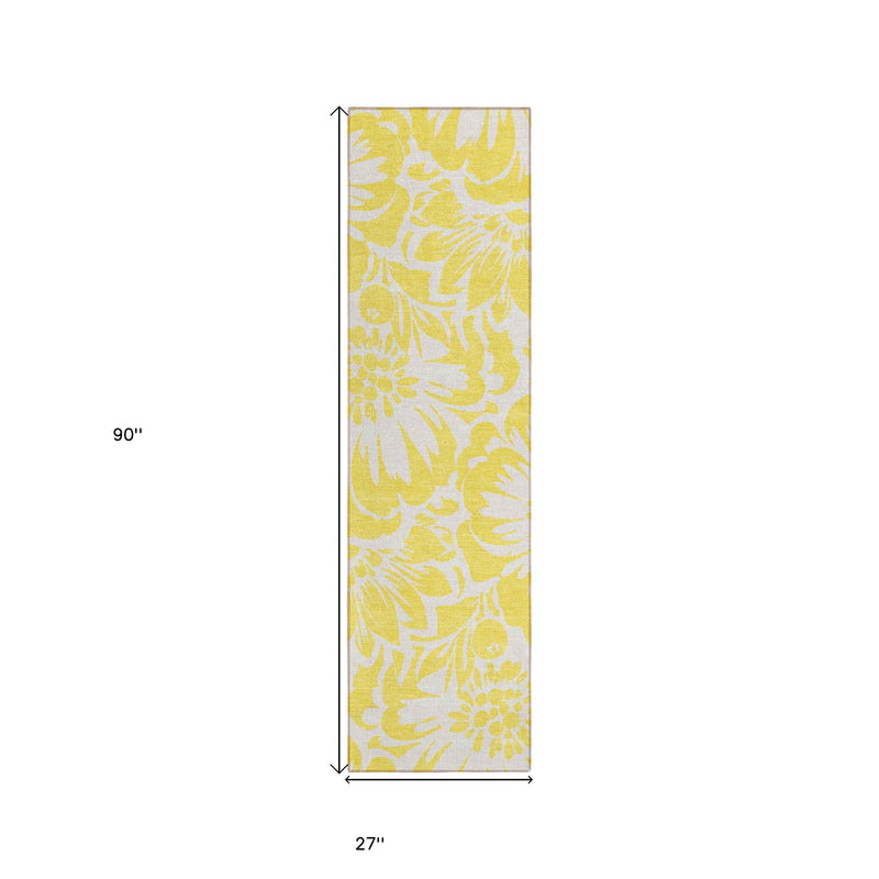 2' X 8' Yellow and Ivory Floral Washable Non Skid Indoor Outdoor Runner Rug