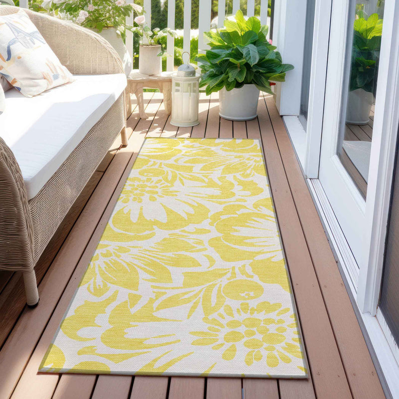 2' X 8' Yellow and Ivory Floral Washable Non Skid Indoor Outdoor Runner Rug