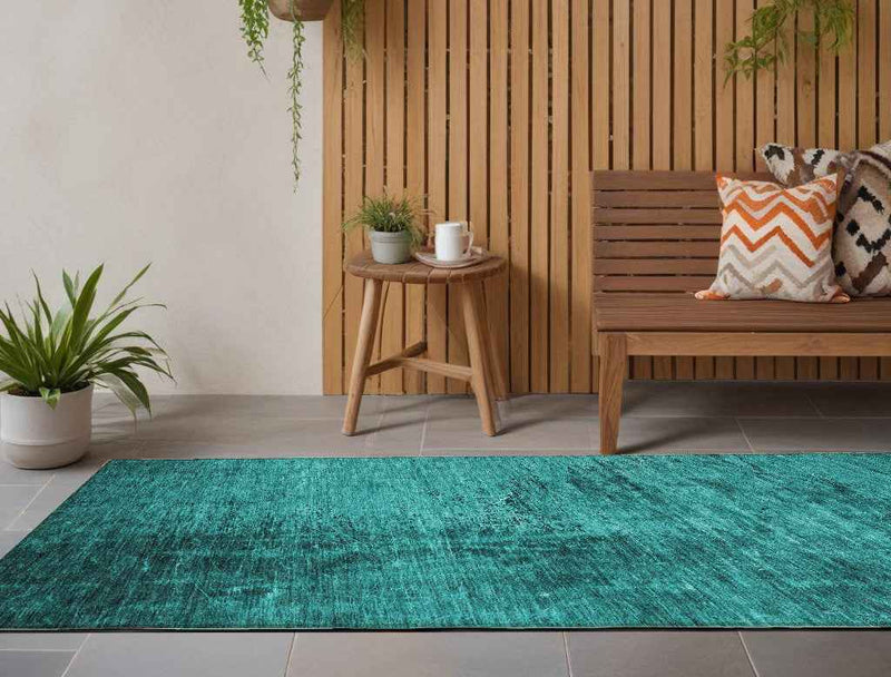 8' Runner Teal Abstract Washable Non Skid Indoor Outdoor Runner Rug