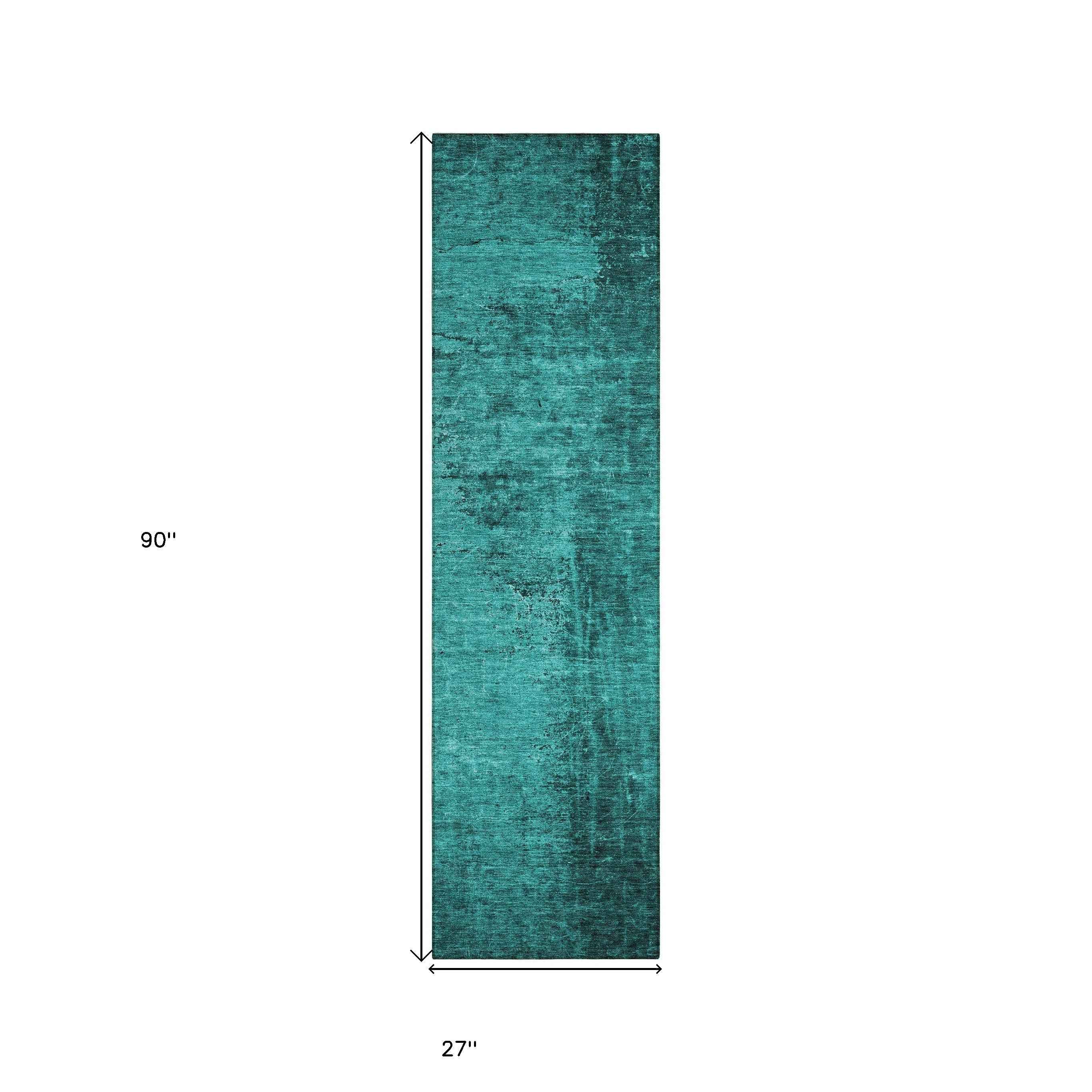 8' Runner Teal Abstract Washable Non Skid Indoor Outdoor Runner Rug