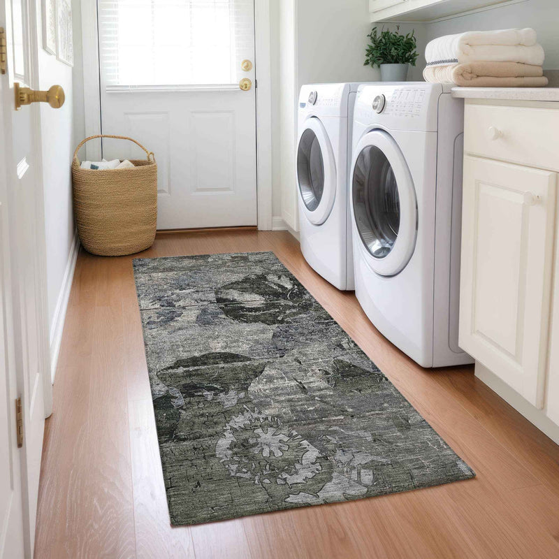 2' X 8' Gray Dark Green and Black Abstract Washable Indoor Outdoor Runner Rug