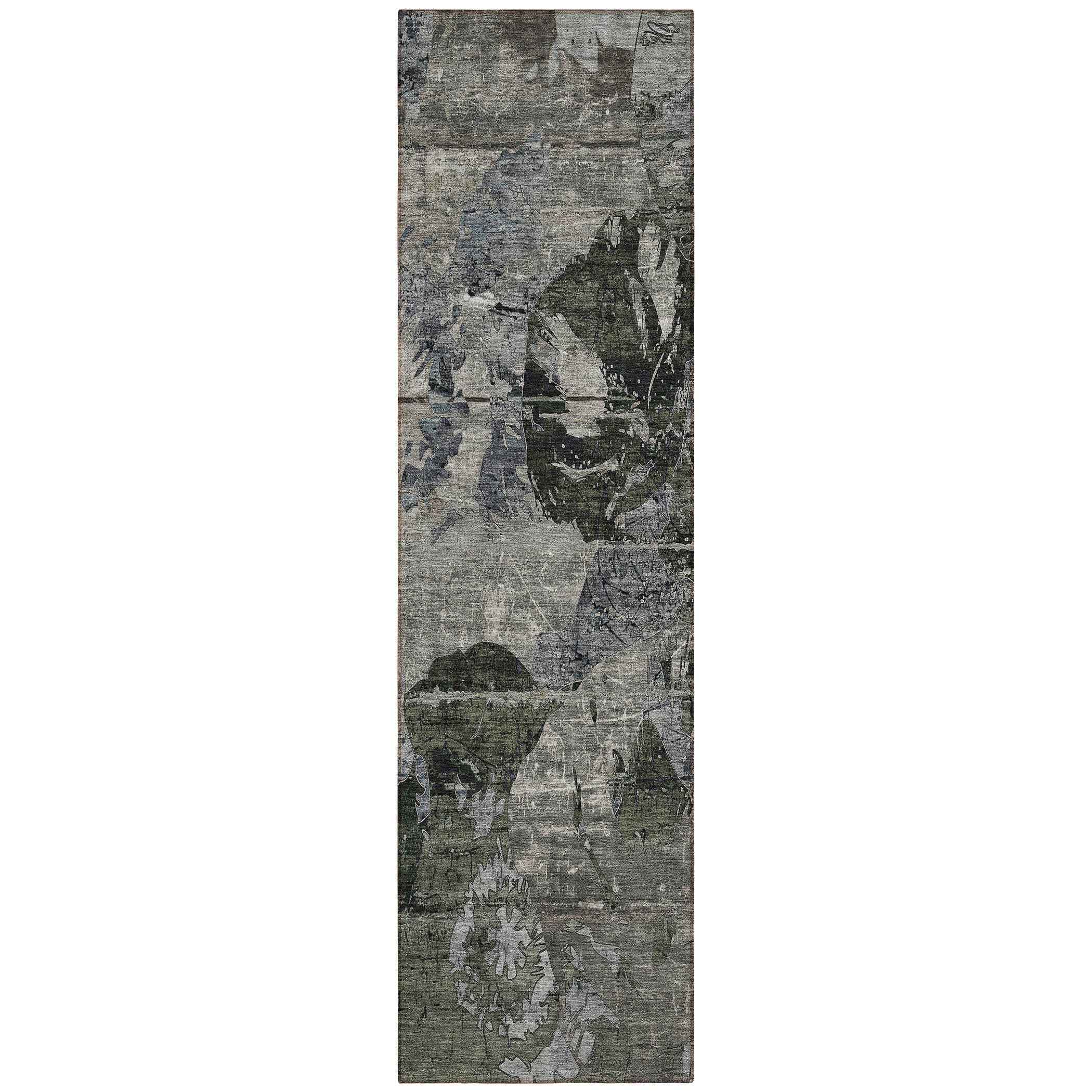 2' X 8' Gray Dark Green and Black Abstract Washable Indoor Outdoor Runner Rug
