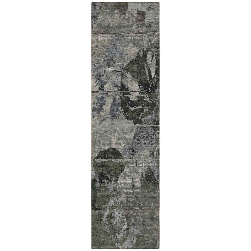 2' X 8' Gray Dark Green and Black Abstract Washable Indoor Outdoor Runner Rug