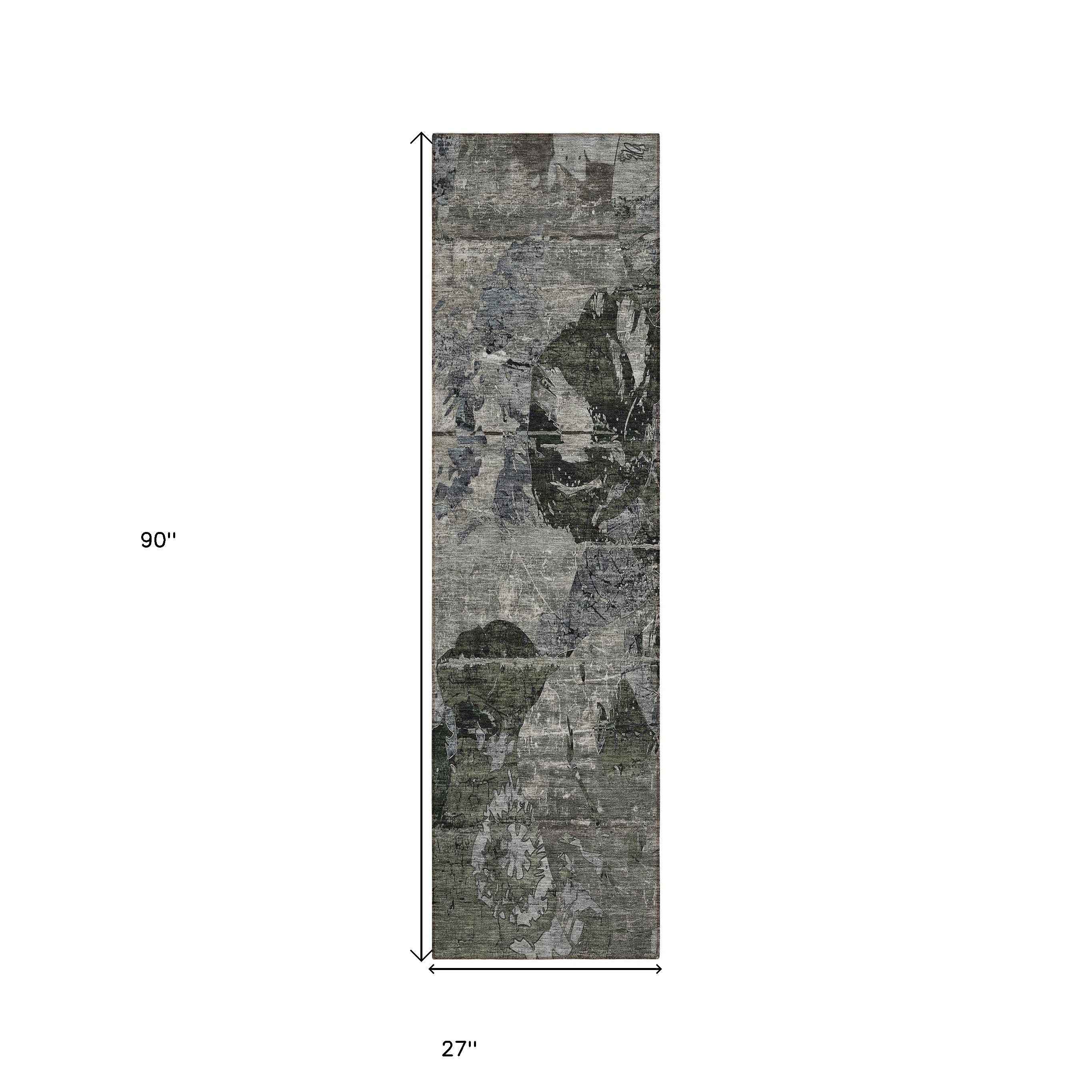 2' X 8' Gray Dark Green and Black Abstract Washable Indoor Outdoor Runner Rug