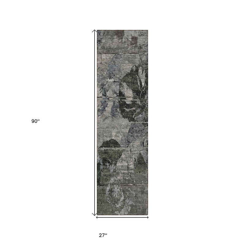 2' X 8' Gray Dark Green and Black Abstract Washable Indoor Outdoor Runner Rug