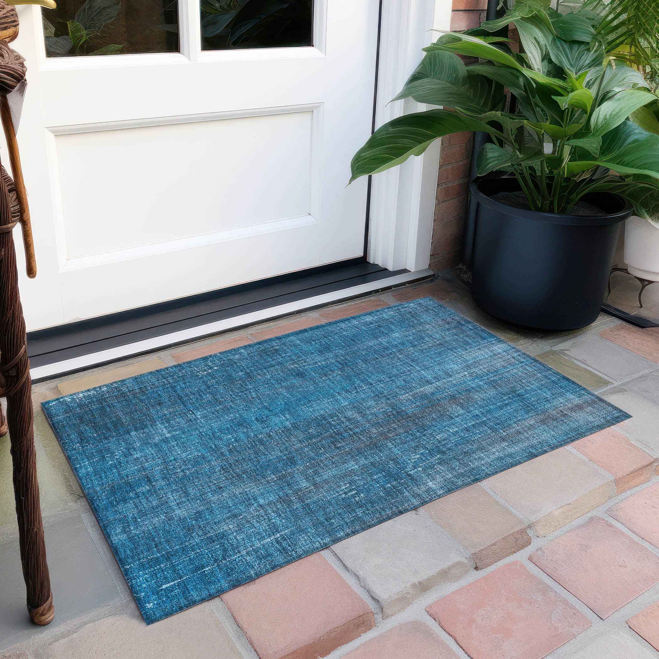 2' X 3' Blue Striped Washable Non Skid Indoor Outdoor Area Rug