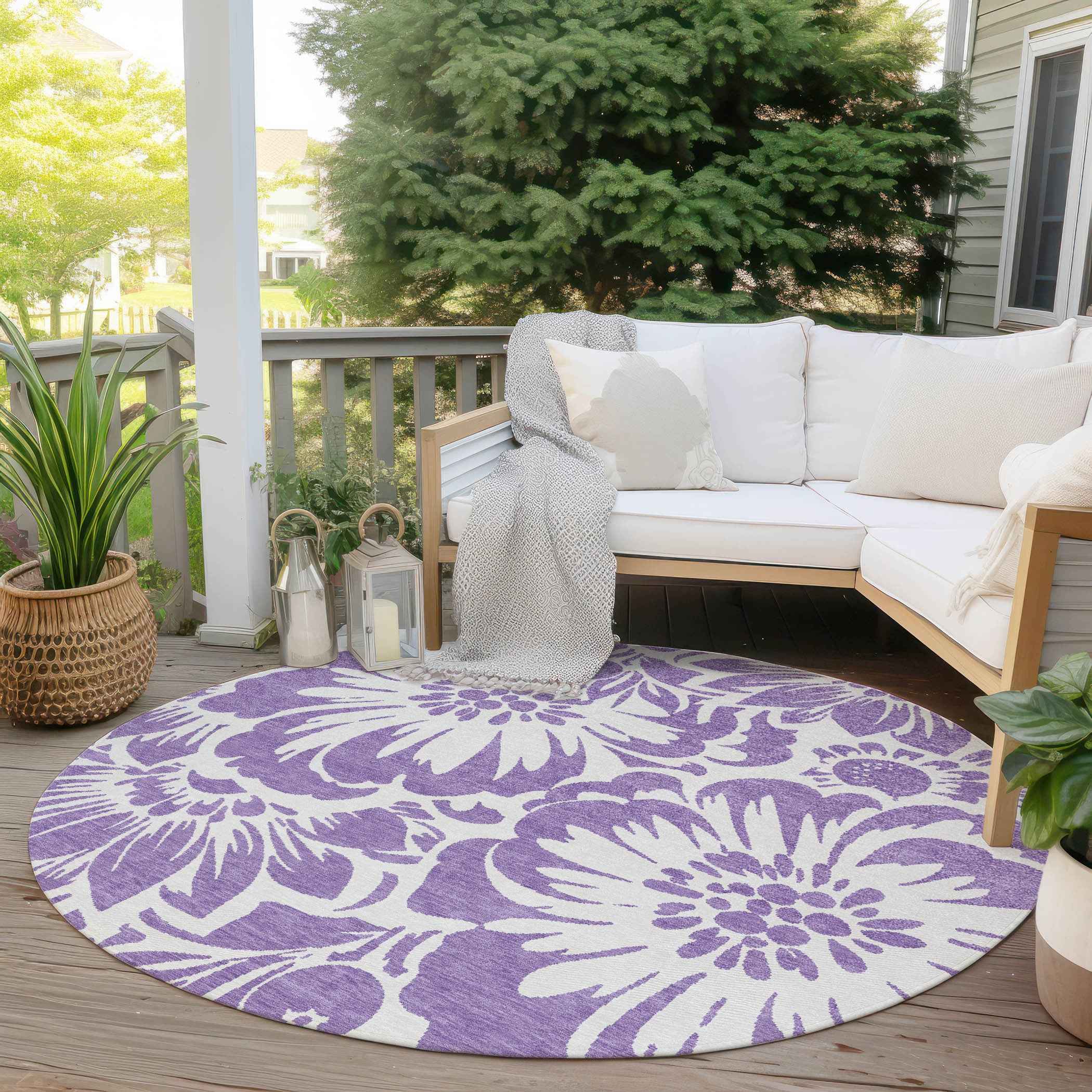 8' X 8' Purple and Ivory Round Floral Washable Non Skid Indoor Outdoor Area Rug